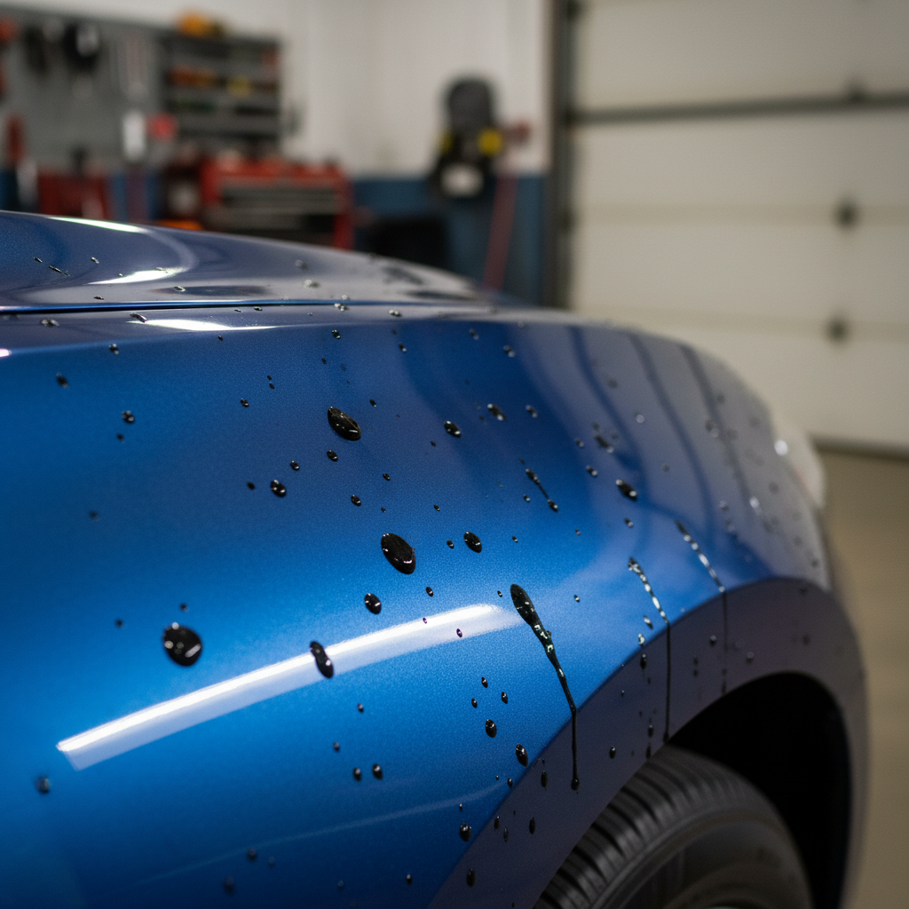 A professional photo of a glistening, dark blue car fender with several prominent, black tar spots splattered across its surface. The background is slightly blurred to keep focus on the tar. A clear, soft light highlights the contrast between the shiny paint and the dull, sticky tar, emphasizing the problem addressed in the article. The image should evoke a sense of minor frustration but also the potential for a clean resolution.