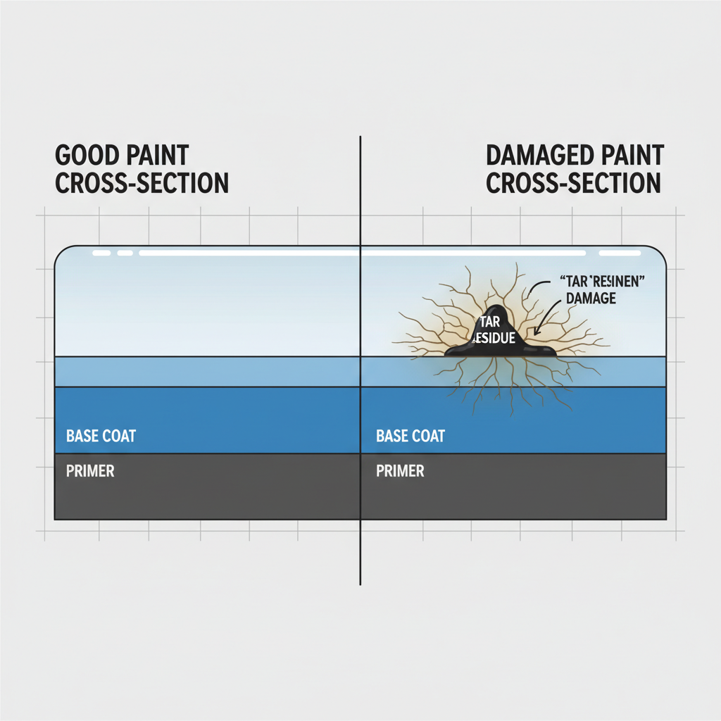 A detailed close-up, infographic-style illustration contrasting a 'good' paint cross-section and a 'damaged' paint cross-section. The 'good' side shows multiple layers (primer, base coat, clear coat) intact and smooth. The 'damaged' side shows tar residue deeply embedded into the clear coat, with minor cracking or discoloration around it, visually explaining how tar can 'einbrennen' and damage the lacquer over time. Use clear labels for each layer and for the tar.