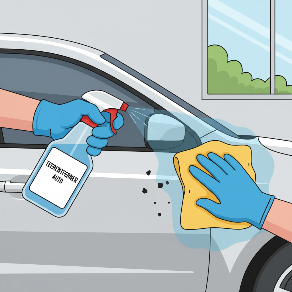 A vibrant, flat illustration depicting two hands, one holding a spray bottle labeled 'Teerentferner Auto' and applying a fine mist to a car's side panel that has small, dark tar spots. The other hand holds a soft microfiber cloth, poised to wipe. The car should be a neutral color (e.g., silver or white) and the background a simple, clean garage or outdoor setting, focusing on the action and the product use.