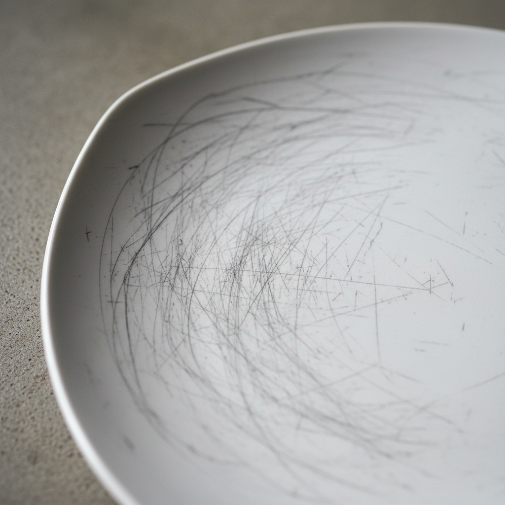 A close-up, high-definition professional photo of a white ceramic plate with prominent, fine grey or black scratch marks visible on its surface, particularly from cutlery. The scratches should be clearly distinguishable, conveying the feeling of imperfection and dullness. The lighting should subtly highlight the texture and depth of the scratches, emphasizing the 'before' state of the dish.