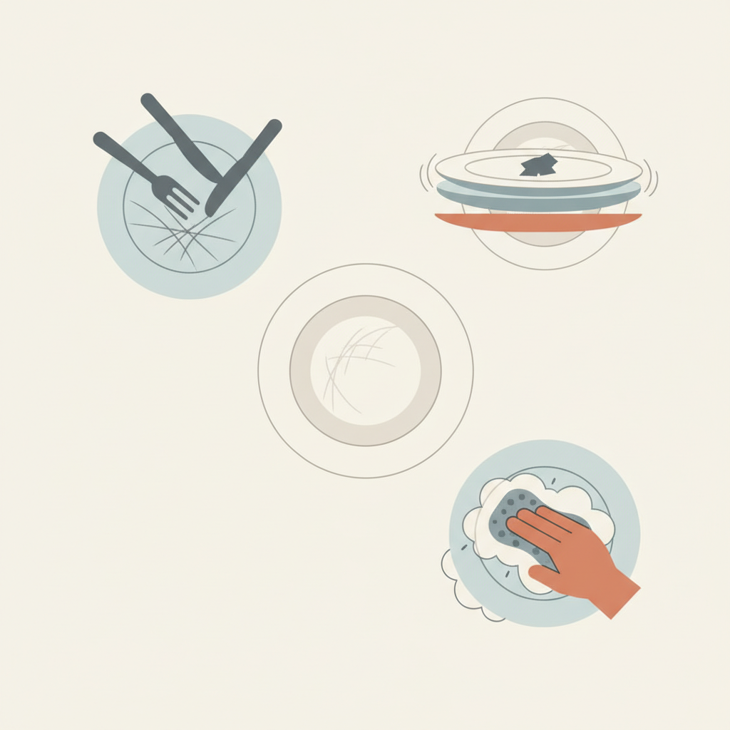 A clean, minimalistic flat illustration depicting a plate in the center. Around it, three distinct icons or mini-scenes represent common causes of plate scratches: a fork and knife scraping across a plate, two stacked plates with a small, rough object in between, and a hand vigorously scrubbing a plate with an abrasive sponge. Use a cohesive, infographic style with a limited, muted color palette.