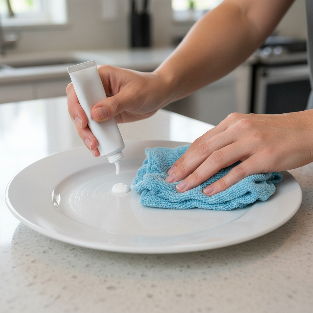 A close-up professional photo of a person's hands demonstrating a scratch removal method on a ceramic plate. One hand holds a small, generic white container or tube (representing a cleaning paste), while the other hand, holding a soft cloth or sponge, gently rubs a small amount of paste onto a specific area of the plate where subtle scratches are visible. The background should be a clean, slightly blurred kitchen counter.
