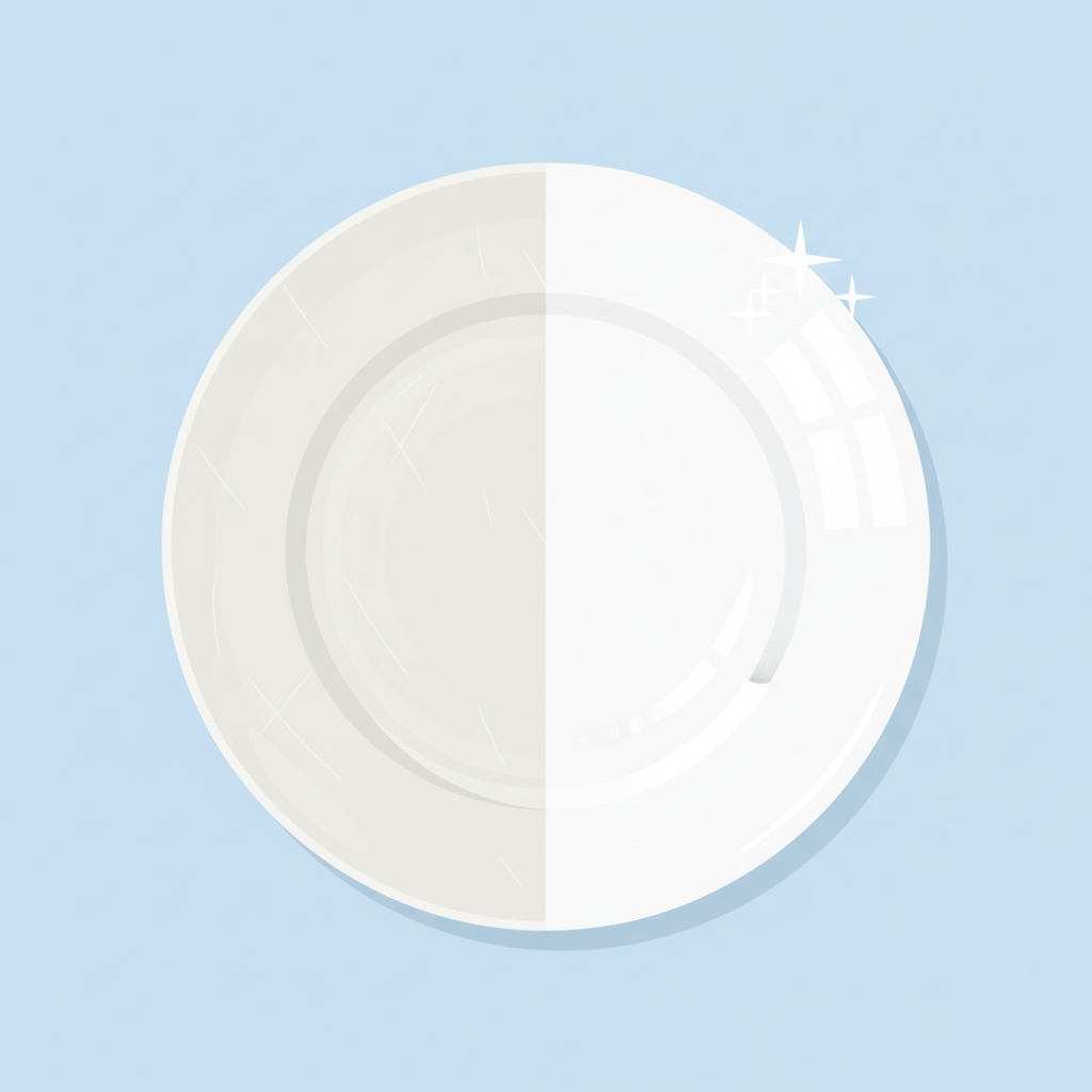 A vibrant, clean flat illustration showing a seamless transition or 'before and after' concept for a plate. On one side, a ceramic plate displays light, barely visible scratches and a slightly dull finish. The other side of the same plate is depicted as perfectly smooth, highly reflective, and sparkling clean, indicating successful scratch removal and restored brilliance. The style should emphasize brightness and a polished look for the 'after' section.