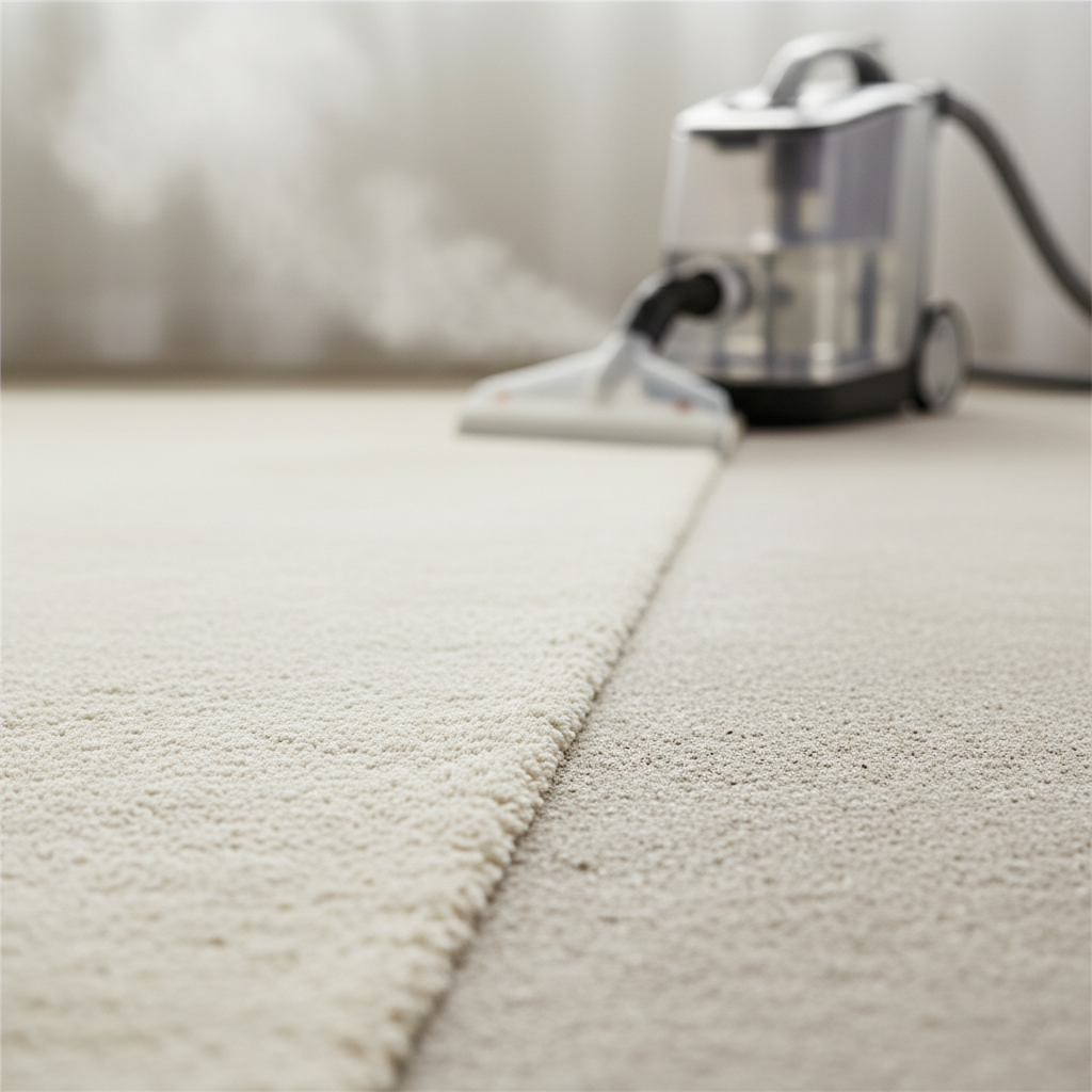 A professional photo capturing a pristine, freshly steam-cleaned section of a plush, light-colored carpet, sharply contrasting with an adjacent, slightly duller and dustier untreated section. A modern, sleek steam cleaner with a transparent water tank emitting a wispy hint of steam is positioned subtly in the background, suggesting the cleaning process. The scene should evoke a sense of freshness and visible improvement, highlighting the 'before and after' effect.