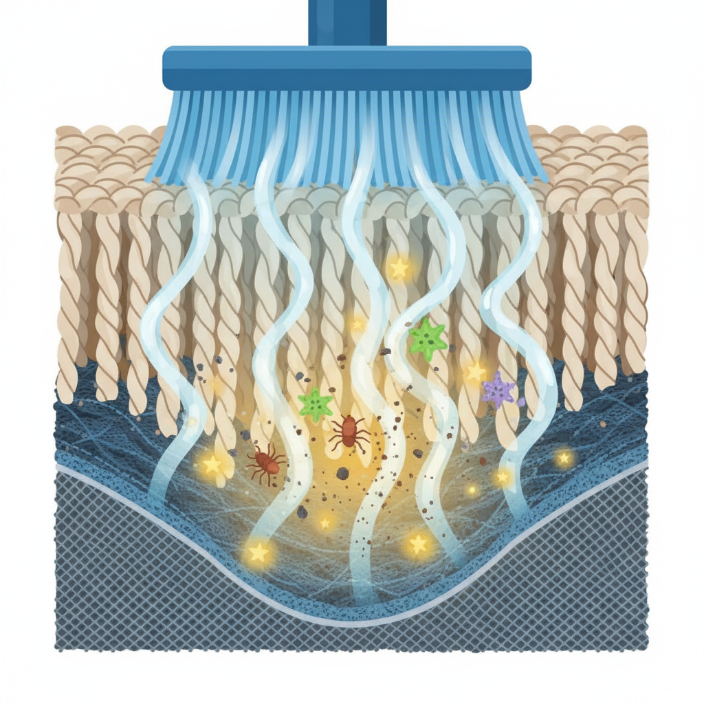 An intricate, clean infographic-style illustration detailing a cross-section of carpet fibers. Hot steam, represented by abstract wavy lines and glowing warmth, is shown penetrating deep into the fabric, dissolving tiny, embedded dirt particles, dust mites, and microscopic allergens. A stylized brush attachment is depicted gently agitating the fibers to release the loosened debris. The overall color scheme should be bright and informative, emphasizing molecular-level action.
