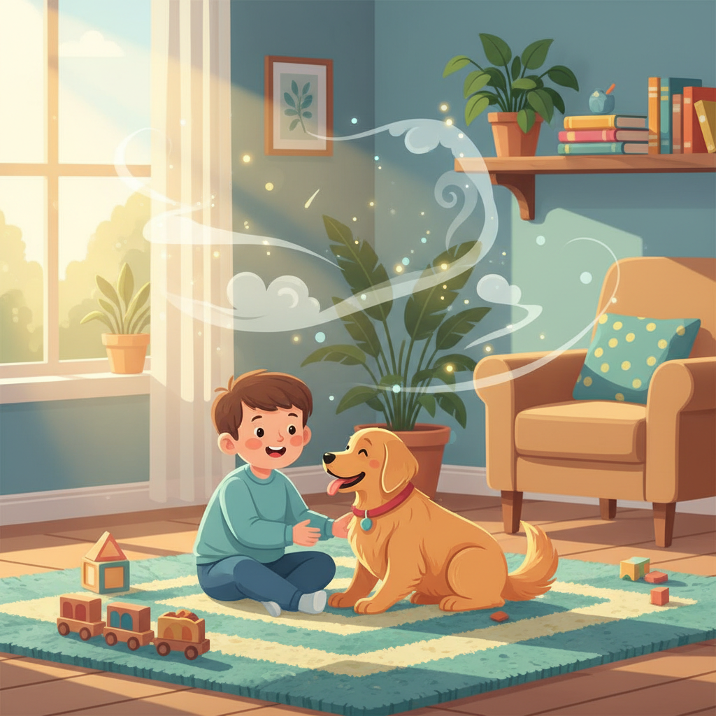A warm and inviting flat illustration of a healthy home environment. A child and a friendly pet are comfortably playing on a clean, vibrant carpet. The air above them appears clear and fresh, perhaps with subtle, ethereal 'clean air' or 'sparkle' visual cues. The scene should convey a sense of safety, hygiene, and chemical-free purity, showcasing the benefits of steam cleaning without showing the machine itself, focusing on the outcome for families and pets.