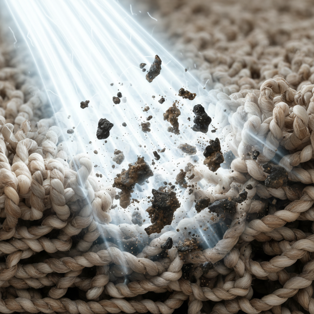 A detailed, macro-level digital illustration focusing on a microscopic view of carpet fibers. Embedded within the fibers are abstract representations of deeply trapped dirt, dust, and dark spots. A powerful surge of hot, pure steam, depicted as a dynamic, luminous force, is shown actively dislodging and lifting these impurities from the fiber structure, making the fibers appear visibly brighter and cleaner in its wake. The illustration should emphasize the deep-cleaning capability.