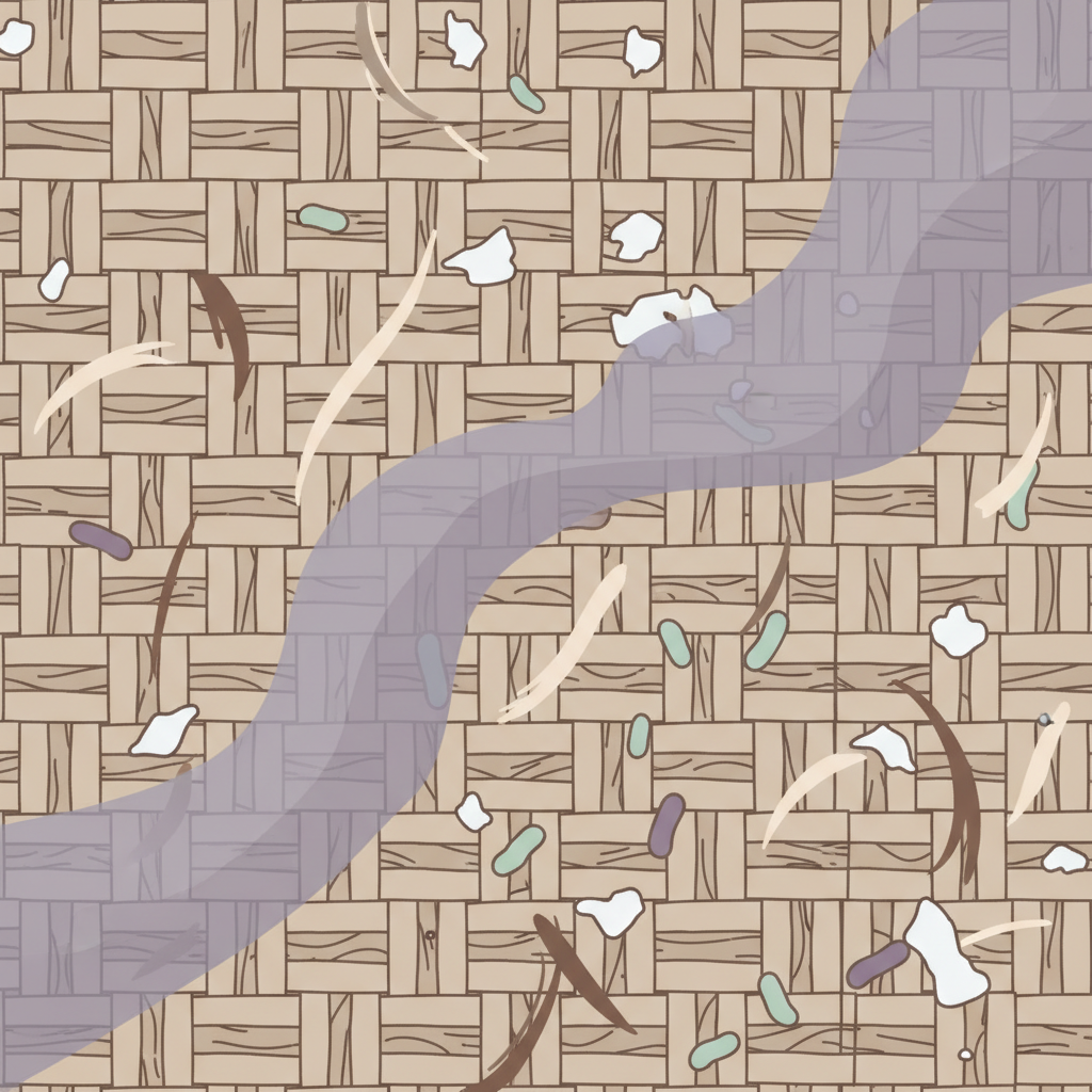 A detailed close-up, slightly abstract illustration showing microscopic dog hair, dander, and bacterial particles intertwined within the fibers of a woven carpet. A subtle, wavy, translucent purple or gray 'smell cloud' emanating from the fibers, indicating unpleasant odor. The overall aesthetic should be clean but highlight the hidden sources of the smell. The style should be a modern, clean flat illustration.