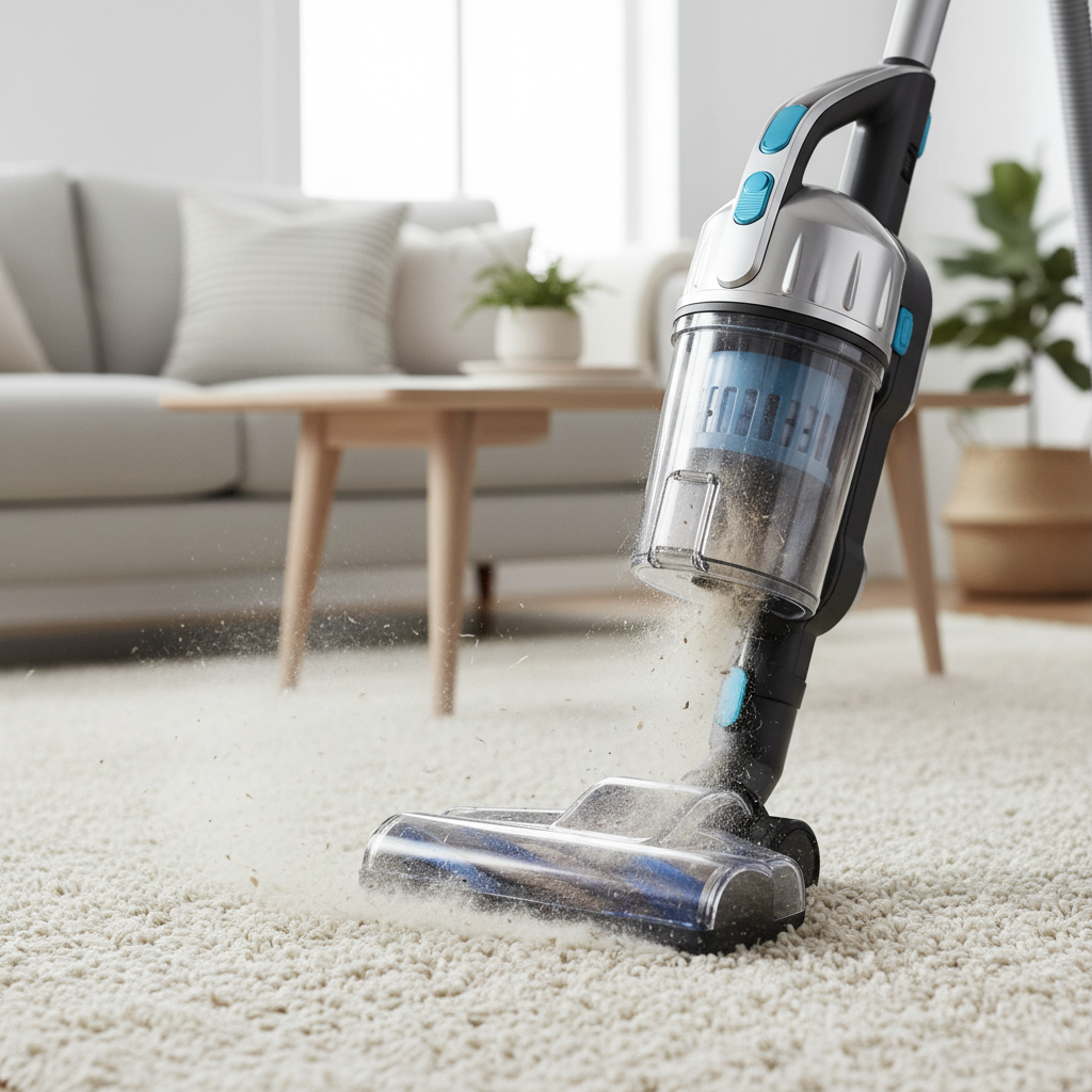 A professional, dynamic photo or a highly detailed vector illustration of a powerful upright vacuum cleaner with a visible brush roll, actively sucking up a cloud of fine dog hair and dust from a plush, light-colored carpet in a modern living room setting. The action should feel effective and thorough, emphasizing deep cleaning. The background should be subtly blurred to keep focus on the cleaning action, showcasing a clean home environment.
