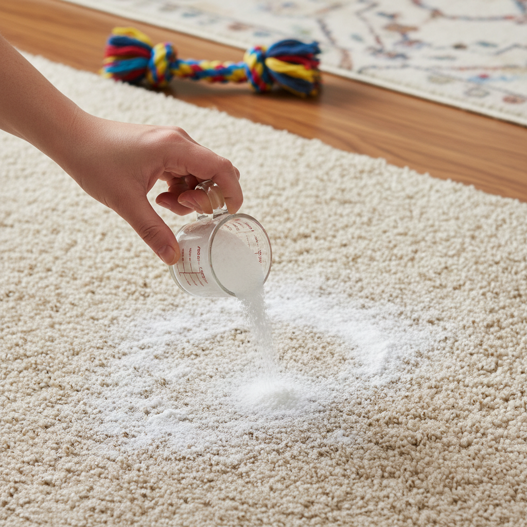 A bright, overhead shot or a clean flat illustration depicting a hand, holding a small measuring cup or shaker, generously sprinkling a white powder (representing baking soda/Natron) evenly over a section of a beige carpet. The powder should be visibly settling on the carpet fibers. A clean, domestic setting in the background, perhaps a playful dog toy slightly out of focus, suggesting a home remedy application.