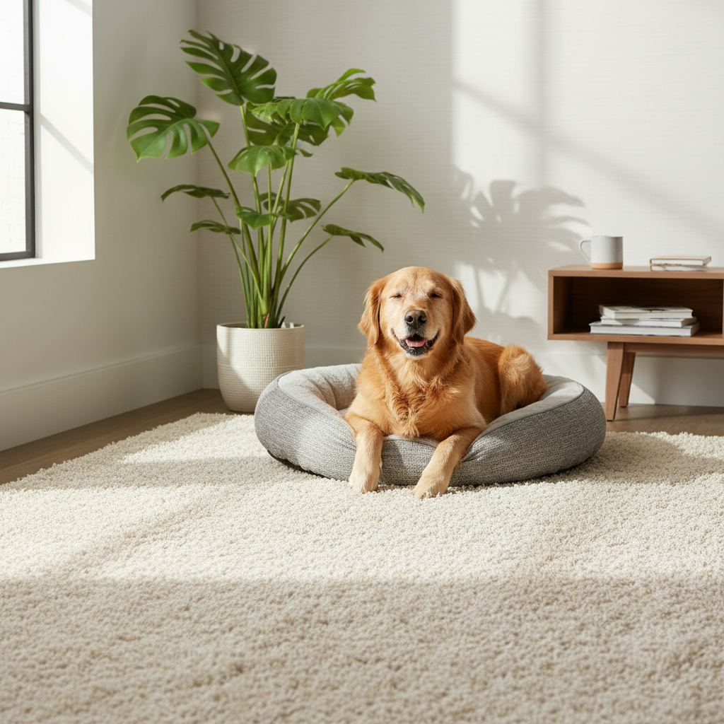 A warm and inviting professional photo or a soft, clean flat illustration of a bright living room corner. A plush, clean carpet dominates the foreground, looking fresh and vibrant. Sunlight streams in from a window, illuminating a healthy green plant. A relaxed, happy dog, perhaps a golden retriever or labrador, is calmly lounging on a bed next to the clean carpet, suggesting a fresh, odor-free environment.