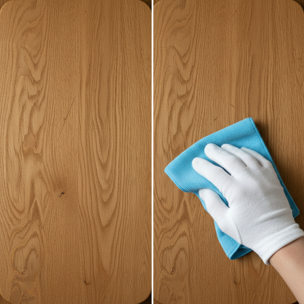 A close-up, high-angle shot of a wooden table surface. On the left side, a distinct, fine scratch is visible across the wood grain, indicating damage. On the right side, the same area of the table is shown after repair, appearing smooth and flawless, with the scratch completely gone. A human hand, wearing a clean glove, is gently polishing the repaired section with a soft, microfiber cloth, emphasizing the restoration process. The lighting is soft and even, highlighting the wood's natural texture and the successful repair. Style: Detailed, professional product photography with a slightly warm, inviting tone.