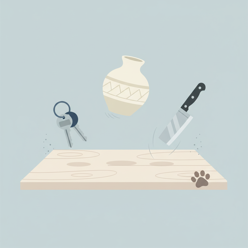An infographic-style illustration depicting various common objects that cause scratches on tables. The central element is a minimalist table surface, perhaps light wood or a neutral material. Around and slightly above the table, arrange icons or simplified illustrations of items: a set of car keys, a kitchen knife, a heavy ceramic vase being subtly dragged, and a stylized pet paw print nearing the table edge. Tiny, almost invisible dust particles could float near the surface. Each element should convey potential damage without explicit action. Style: Clean, modern flat illustration with a limited, pleasing color palette.