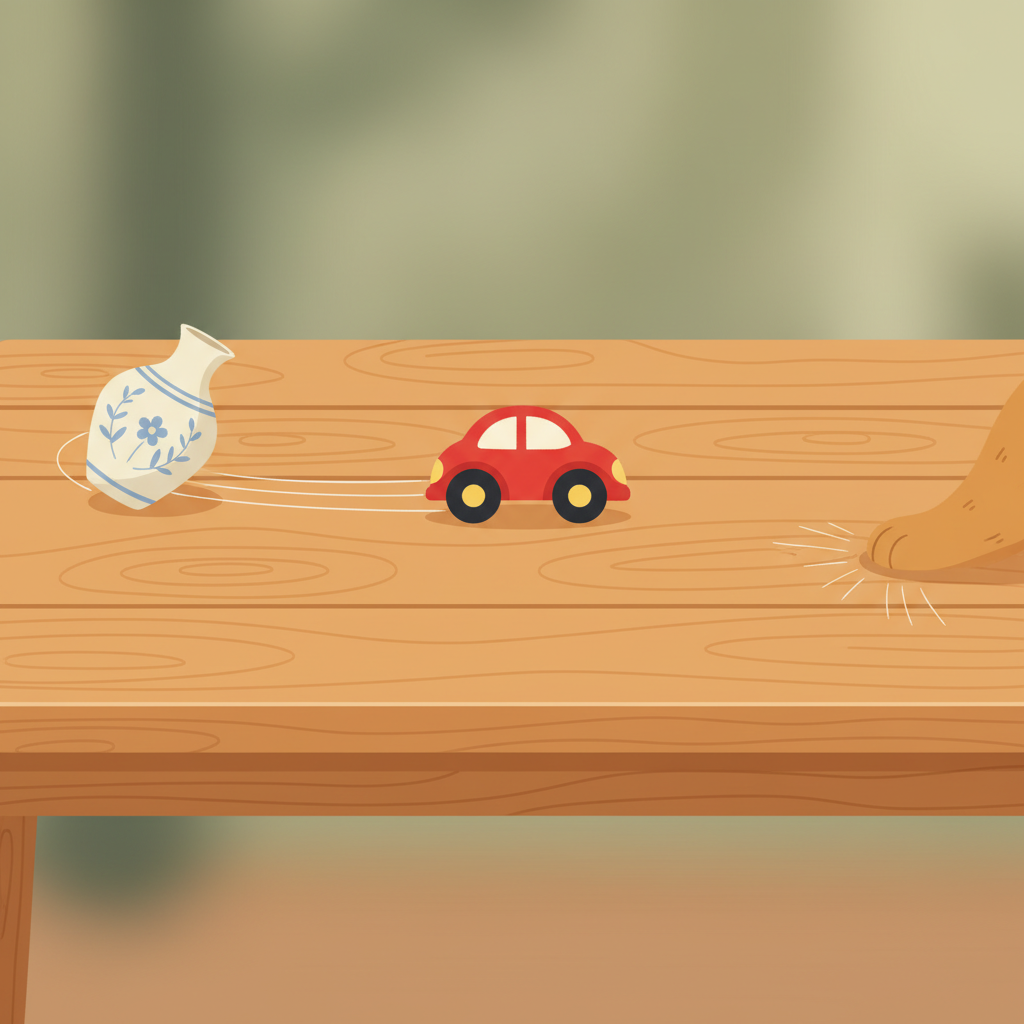 A warm, inviting wooden dining table is depicted from a slightly overhead angle. Several everyday items are shown in motion or having recently moved across its surface, leaving subtle, thin scratch marks. These items include a ceramic vase being slid, a child's toy car with wheels, and a pet's paw (like a cat or dog) lightly touching the wood. The overall style is a clean, modern flat illustration with warm, natural wood tones and contrasting colors for the objects, emphasizing the common causes of table scratches.