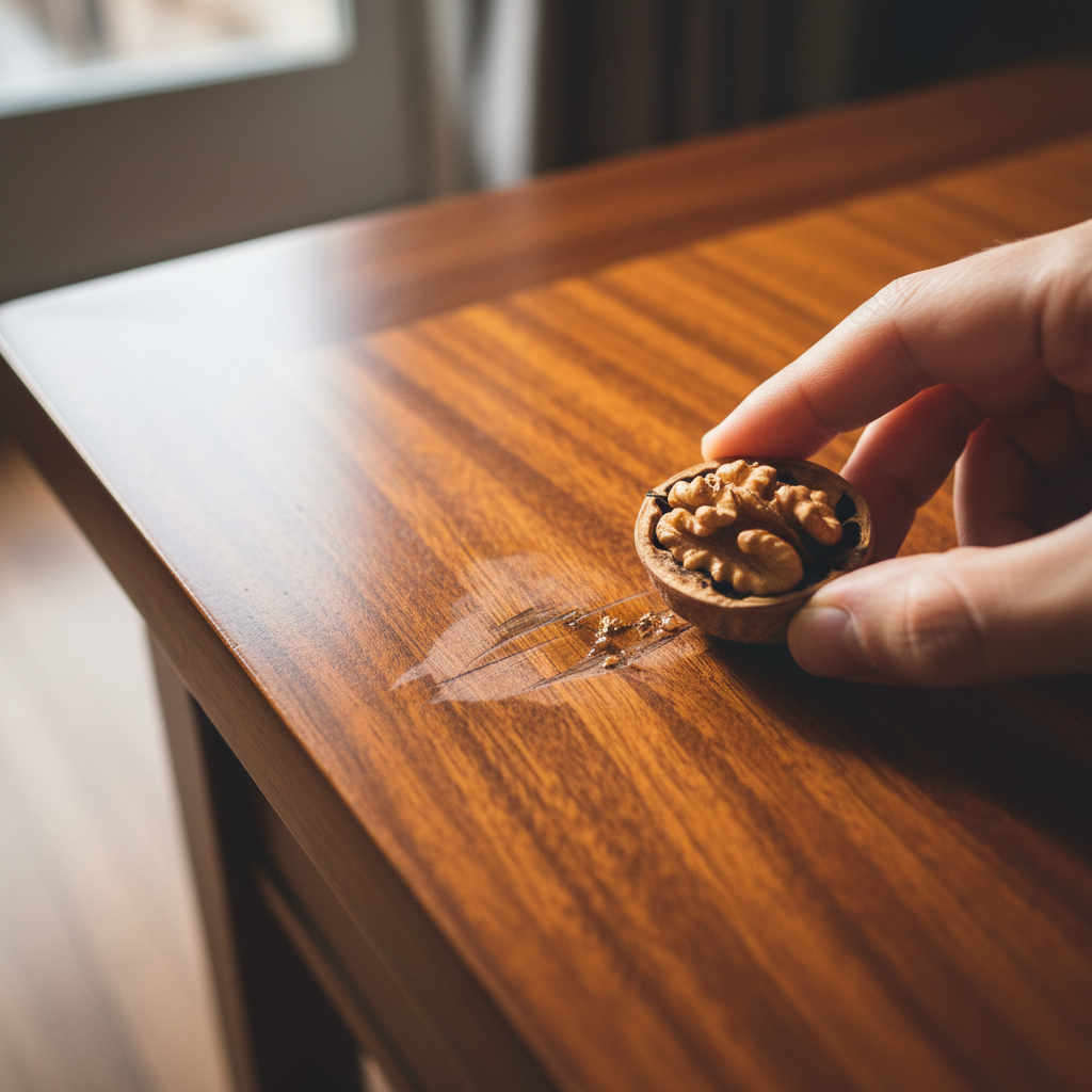 A close-up, high-angle professional photograph of a rich, polished wooden table surface. A distinct, but not overly deep, scratch is visible on the wood. A freshly cracked walnut half is actively being rubbed with its interior flesh directly into the scratch. The texture of the wood grain and the subtle oily residue from the walnut are clearly visible on the scratch. The lighting is warm and natural, emphasizing the process of scratch repair with a simple household item, showcasing detail and texture.