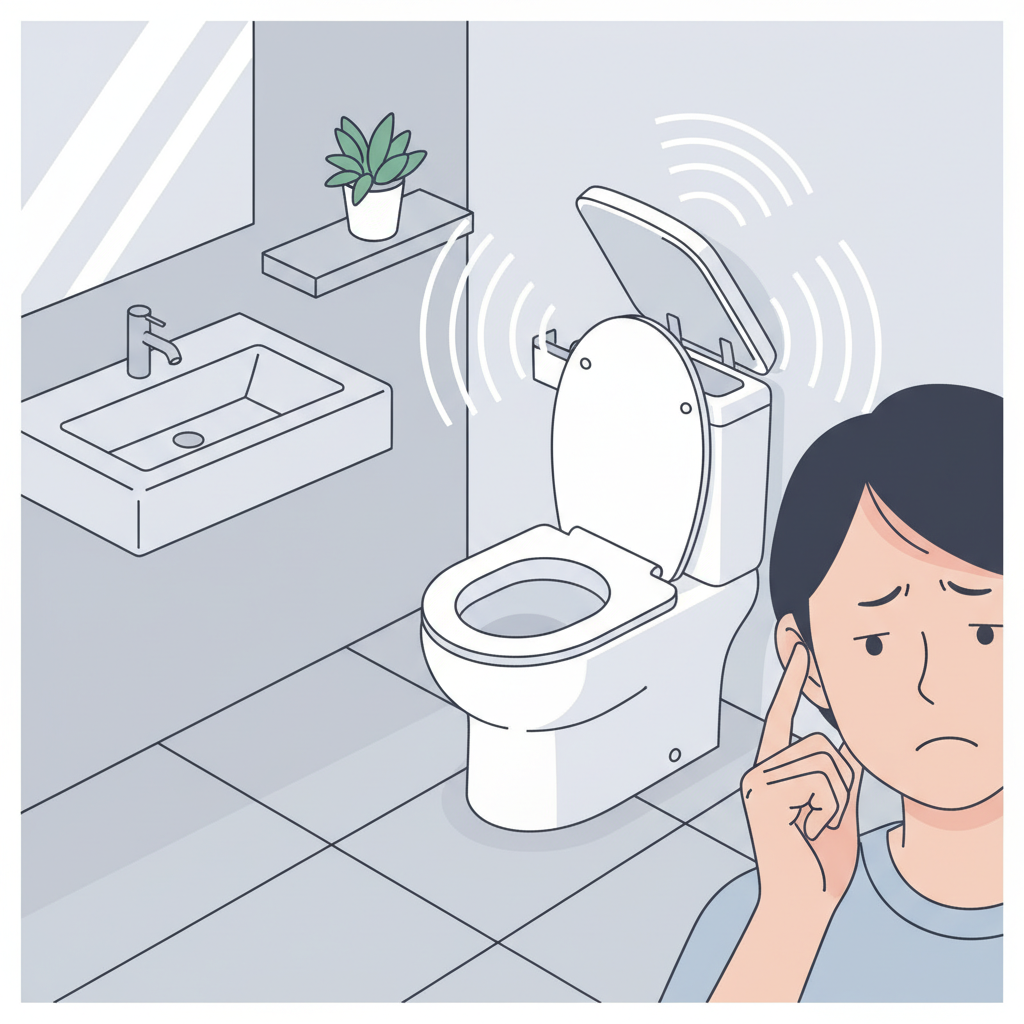 A modern, clean bathroom scene from a slightly elevated perspective. The focus is on a white toilet with its tank cover slightly ajar. From the open tank, subtle, stylized sound waves or visual vibrations emanate, suggesting a whistling noise. A person's hand is visible near their ear in the foreground, indicating mild annoyance. The overall atmosphere is calm but with a hint of irritation. Style: Clean, professional vector illustration with soft colors and clear lines, suitable for a contemporary blog.
