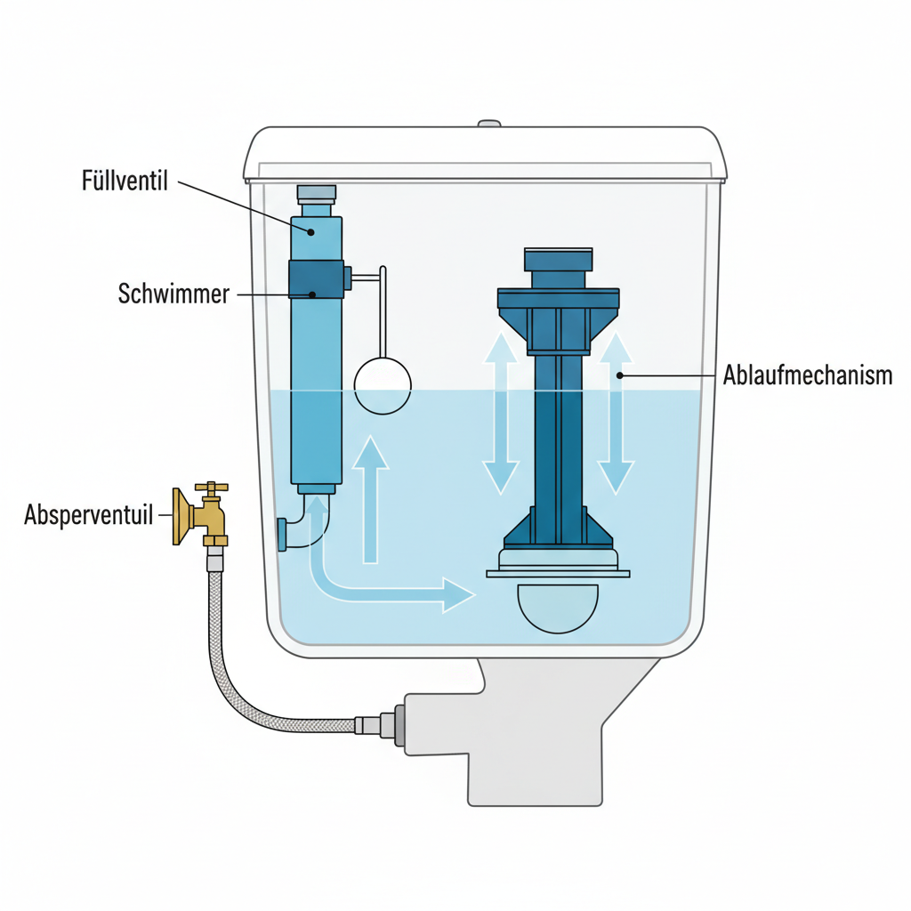 A detailed cutaway diagram of a modern toilet tank. Clearly display the internal components: the Füllventil (inlet valve), the Schwimmer (float mechanism), the Ablaufmechanismus (flush valve/drain mechanism), and the external Absperrventil (shut-off valve) connected to the water supply. Show clear, distinct lines and shapes for each part. Subtle arrows should indicate the path of water refilling the tank. Style: Technical infographic illustration with a clean, educational aesthetic, using distinct colors for different components without being overly cartoonish.