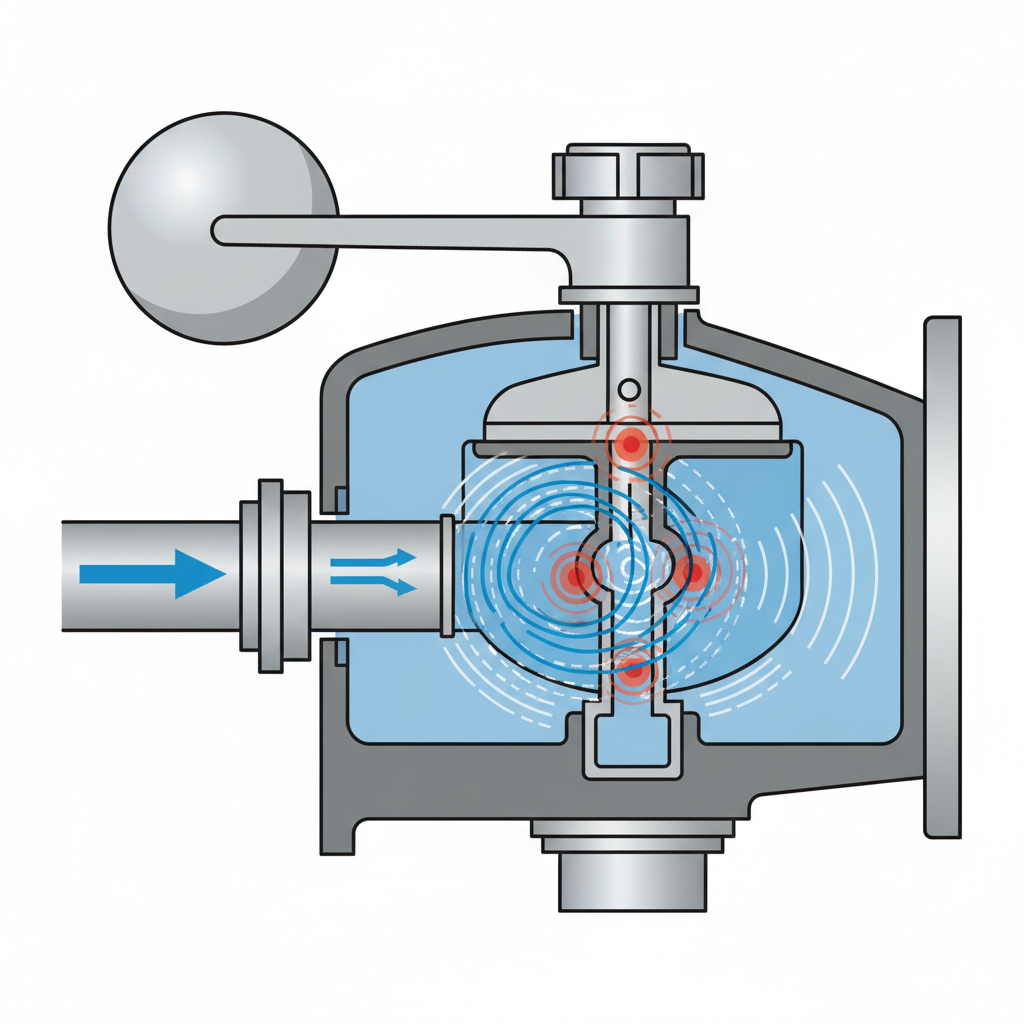 A close-up, schematic illustration focusing on the internal workings of a Füllventil (inlet valve), also known as a Schwimmerventil. Depict water flowing through the valve. Within the valve's mechanism, illustrate turbulent or restricted water flow, possibly with swirling lines, pressure points, or subtle vibrating elements emanating from the internal valve components. This visualization should convey the concept of high pressure or obstruction causing the whistling sound. Style: Detailed technical illustration, clean vector art, emphasizing mechanical principles and fluid dynamics.