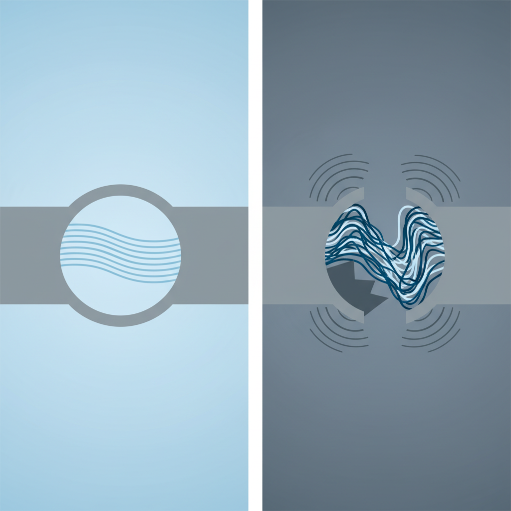 A conceptual illustration comparing two states of water flow. On one side, depict a simplified cross-section of a pipe or valve opening showing smooth, laminar water flow with calm, parallel lines. On the other side, show a similar cross-section where the water flow is turbulent, chaotic, and obstructed, represented by swirling, irregular lines and subtle visual vibrations or pressure build-up. This visual metaphor explains how turbulent flow causes noise. Style: Minimalist, conceptual infographic illustration with clear distinction between the two states, using blues and grays.