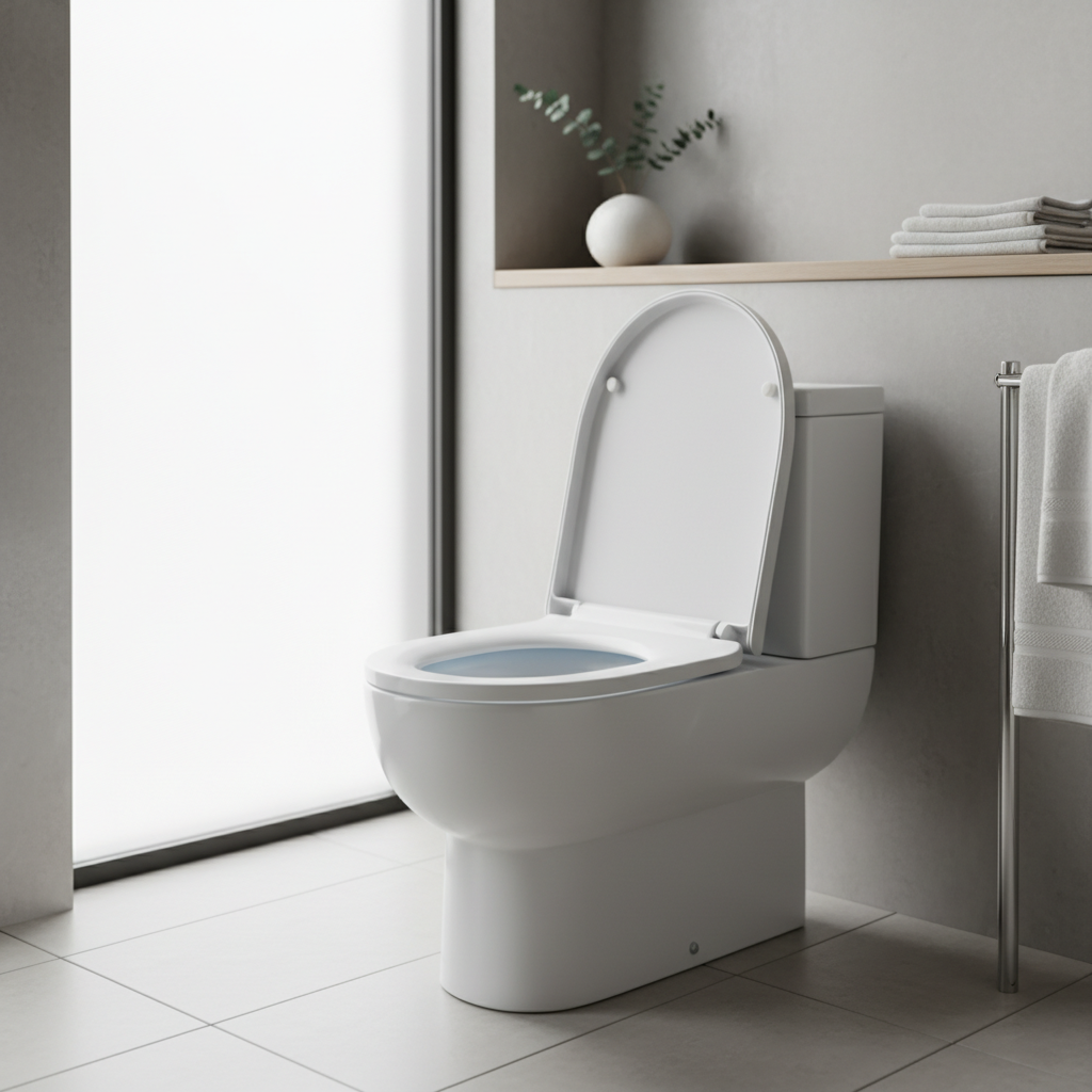 A pristine, sparkling clean white toilet in a brightly lit, modern bathroom setting. The toilet lid is slightly open, revealing a meticulously clean bowl. Soft, natural light streams in through a window, highlighting the freshness. The overall impression should be one of hygiene and serenity. Professional photo, soft focus background.