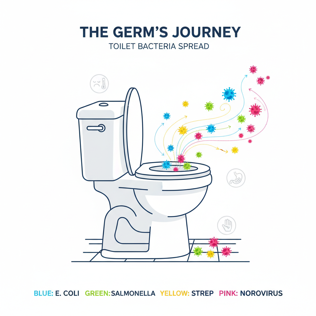 An infographic illustrating the journey of germs and bacteria on a toilet. Show small, stylized microbes spreading from the toilet bowl onto surfaces like the flush handle, seat, and surrounding floor. Use a minimalist, clean design with vibrant colors for the microbes against a sterile white background. Include small, subtle icons representing health risks. Flat illustration, infographic style.