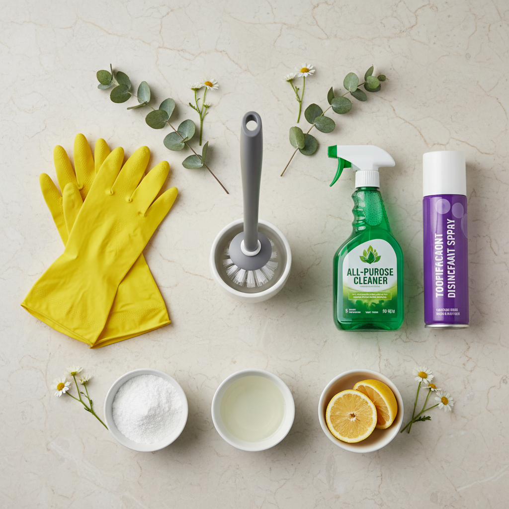 A flat lay photo of various cleaning supplies neatly arranged on a clean, light-colored surface. Items should include a sturdy toilet brush in a holder, rubber gloves, bottles of toilet cleaner, all-purpose cleaner, disinfectant spray, and small bowls of baking soda, vinegar, and lemon halves. The arrangement should be aesthetically pleasing and organized. Professional product photography with good lighting.