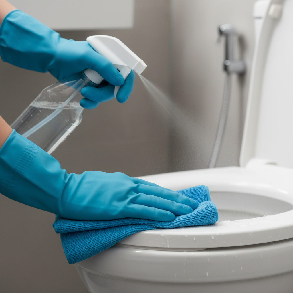 A close-up shot of hands in blue rubber gloves holding a spray bottle and wiping down the exterior of a toilet bowl with a microfiber cloth. The focus is on the action of cleaning, emphasizing protection and effectiveness. The toilet surface should appear sleek and clean, reflecting the light. Dynamic composition, professional photo with shallow depth of field.