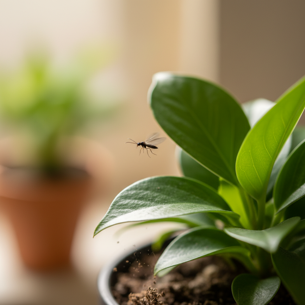 A vibrant, close-up professional photo capturing a small, dark fungus gnat (Sciaridae) in mid-flight near a healthy-looking houseplant. The gnat is slightly blurred to convey motion, while the plant leaves are sharp, with a subtle bokeh background. The lighting is soft and natural, highlighting the gnat's slender body and delicate wings against the green foliage. The scene evokes a slight sense of annoyance or nuisance in a domestic setting.
