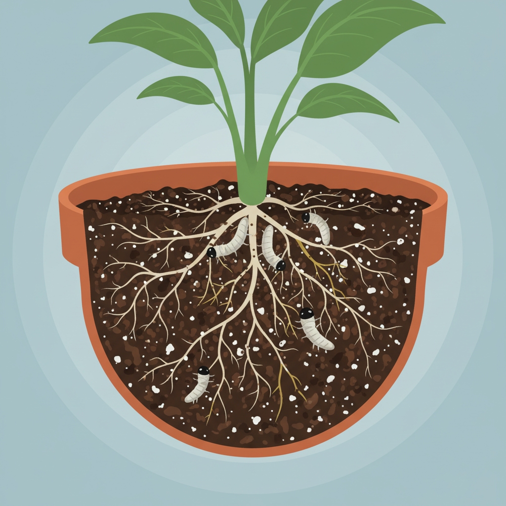 A clear, detailed infographic-style illustration showing a cross-section of a potted plant. Visible within the moist potting soil are several translucent white fungus gnat larvae with distinct black head capsules, actively feeding on and damaging the delicate root system of the plant. The roots show some visible signs of distress like browning or thinning, illustrating the hidden problem beneath the surface.