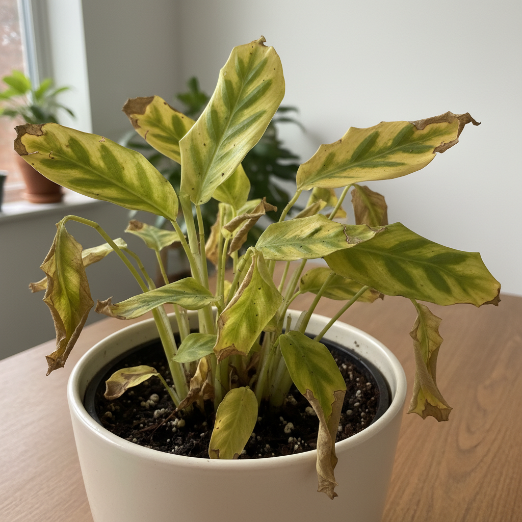 A close-up professional photo of a houseplant, specifically focusing on leaves showing clear signs of damage from fungus gnat infestation. The leaves are visibly yellowing, some might be wilting or appear stunted, contrasting with what would normally be healthy green foliage. The plant is in a simple pot, emphasizing its distressed state in a typical indoor environment, conveying the impact on plant health.