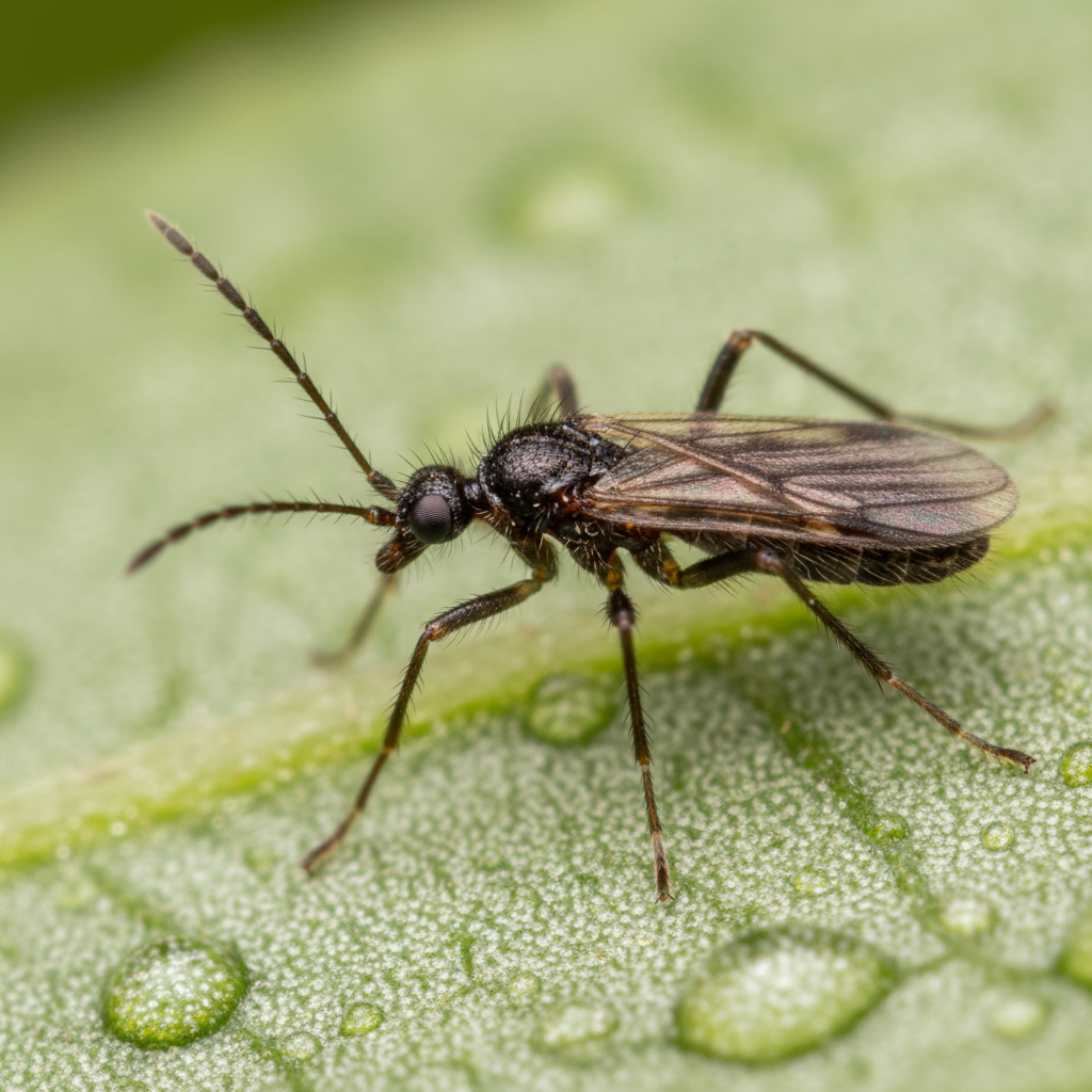 A highly detailed macro photo or realistic scientific illustration of an adult fungus gnat. The focus is sharp on its slender, dark body, long antennae, and delicate, transparent wings. The gnat is shown either resting on a plant leaf or a neutral, bright background, allowing for clear observation of its distinguishing features for easy identification. The style is clean and precise, emphasizing scientific accuracy.