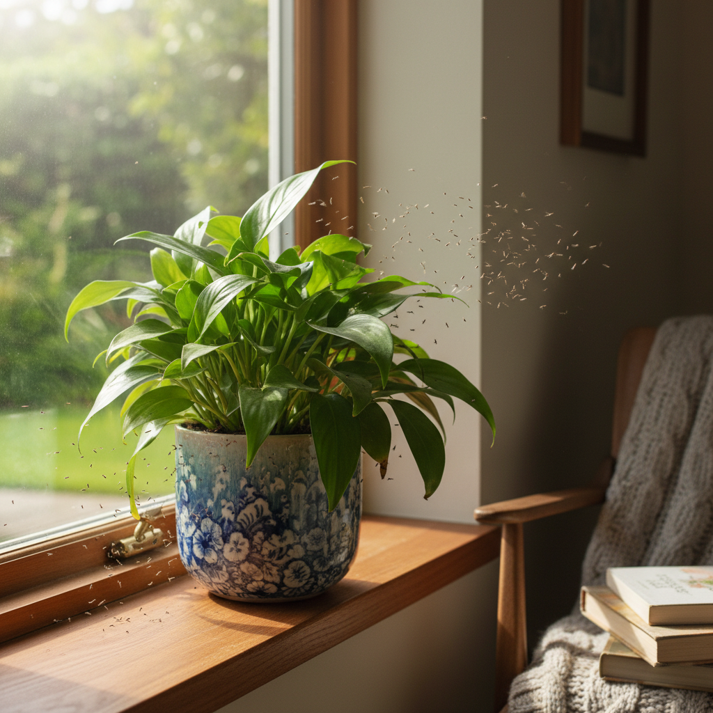 A vibrant, professional photo of a healthy green houseplant in a decorative pot placed on a sunlit windowsill. Around the plant, a visible swarm of tiny, dark, winged insects, identifiable as Trauermücken, are subtly flying in a characteristic zigzag pattern. Some are near the plant itself, while others are closer to the windowpane, catching the light. The overall impression is one of a slight but noticeable infestation in a cozy home environment.