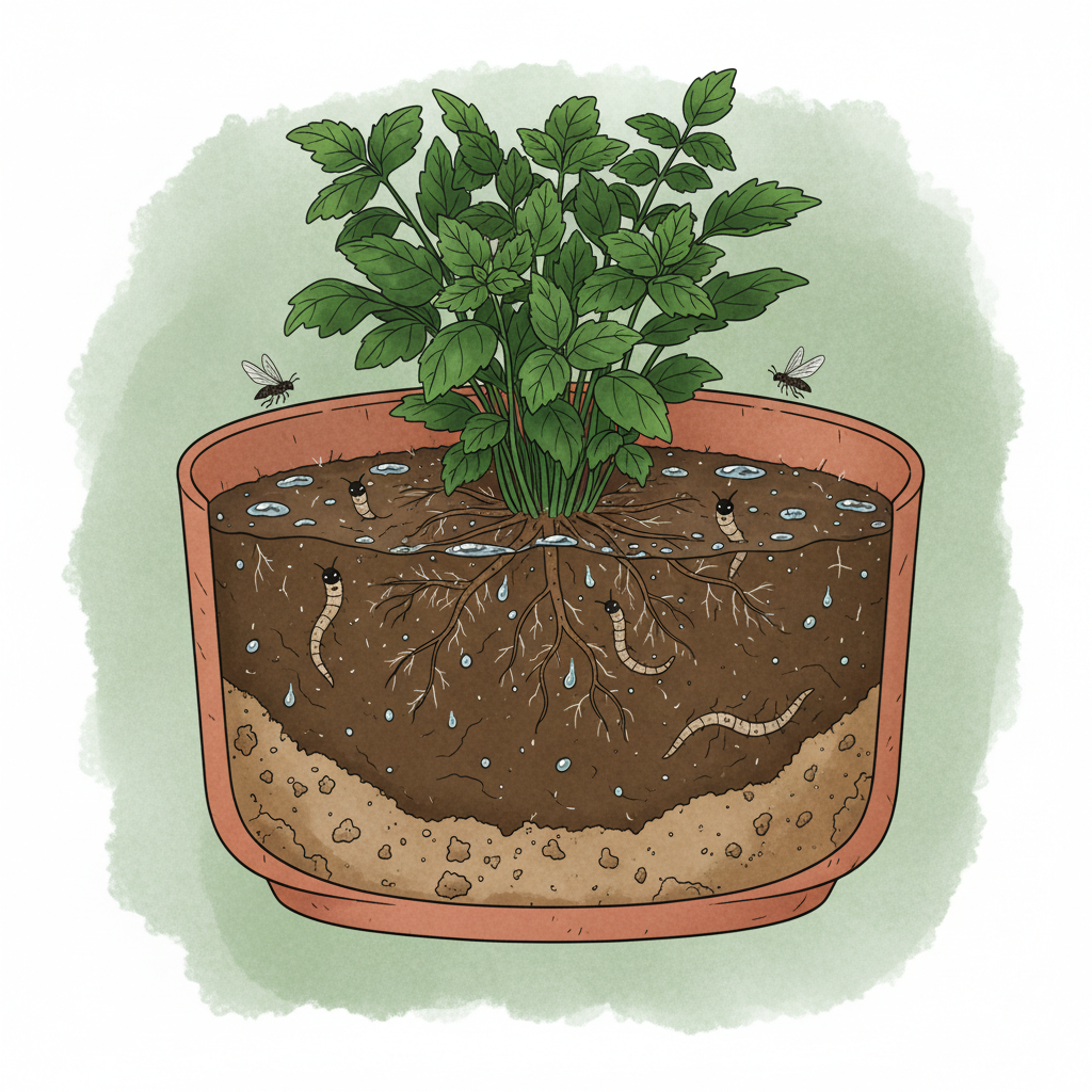 A detailed scientific illustration or an infographic-style diagram showing a cross-section of a potted plant. The focus is on the soil. The top layer of the soil is clearly depicted as very moist, perhaps with visible water droplets. Embedded within this damp soil are several small, translucent, worm-like larvae. A few adult Trauermücken are depicted emerging from the soil surface, illustrating their lifecycle in the moist environment. Earthy and green tones dominate the color palette.
