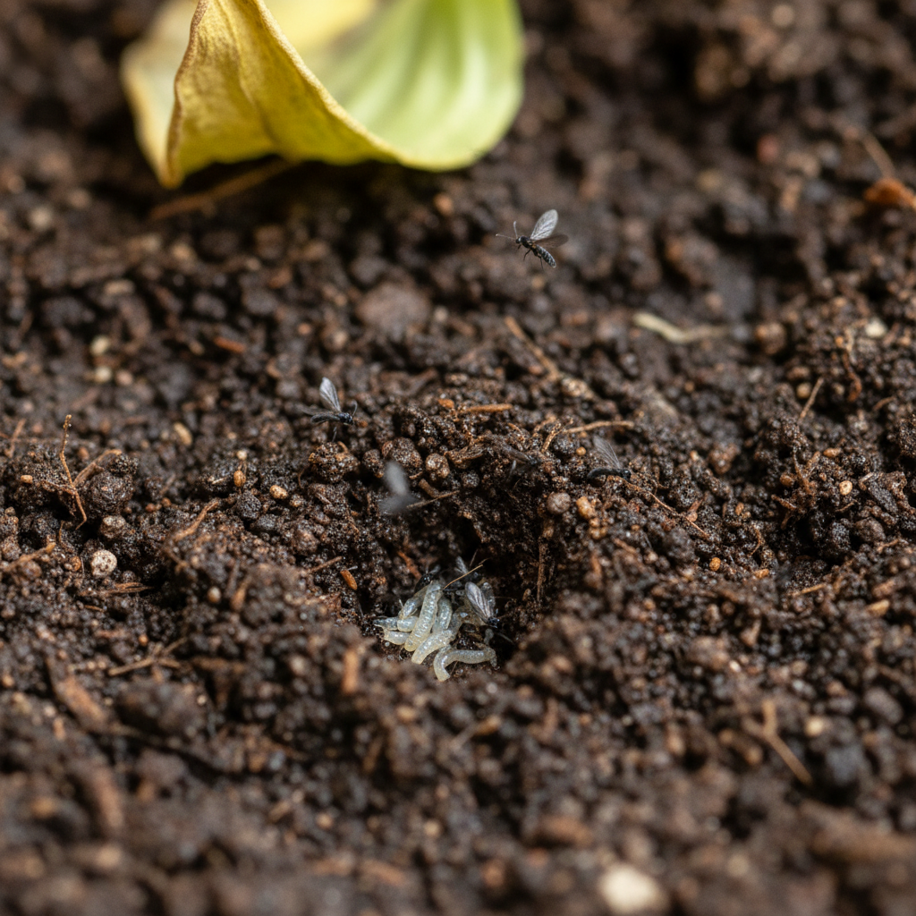 A close-up macro photograph focusing on the topsoil of a potted houseplant. The texture of the soil is visible, slightly damp. Scattered on the surface and just above it are several small, dark adult Trauermücken, some appearing to take flight. A small section of the soil has been gently disturbed, revealing a cluster of tiny, whitish, almost transparent larvae wiggling amongst the organic matter. The edge of a wilting or yellowing plant leaf is visible in the background, hinting at plant stress.