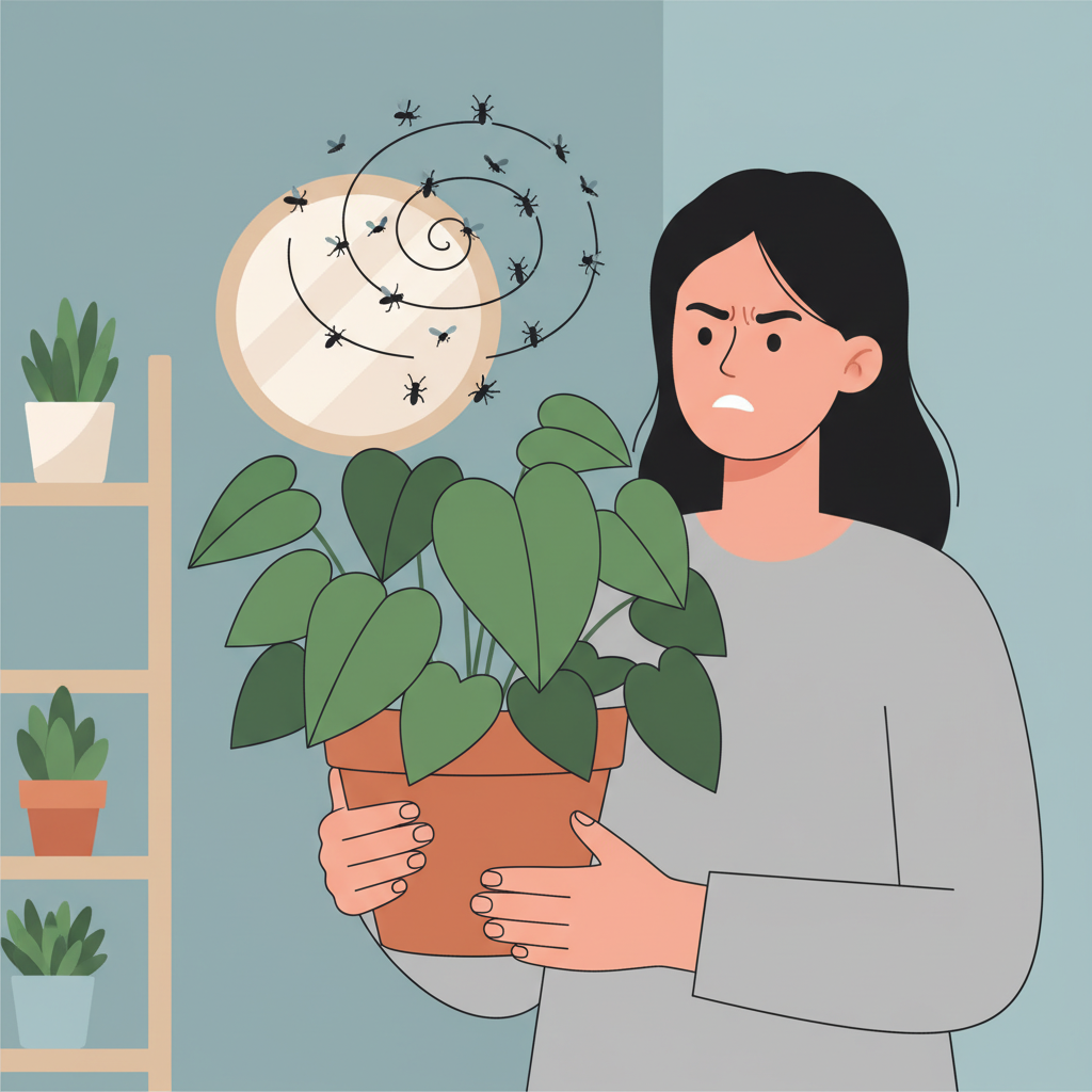 A clean, modern flat illustration depicting a person's hands gently inspecting a houseplant in a pot. Above the plant, a noticeable but not overwhelming cloud of small, dark, stylized Trauermücken is buzzing around, indicating a nuisance. The person's facial expression is one of mild concern or determination, suggesting they are ready to address the problem. The background is simple, perhaps a stylized home interior, emphasizing the domestic context of the infestation.