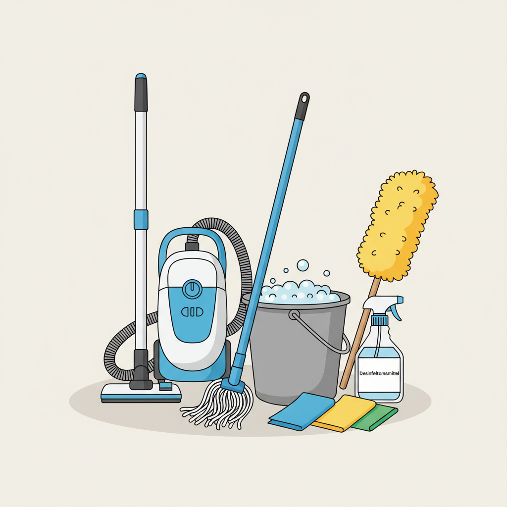 A flat illustration depicting various cleaning tools arranged neatly. Include a bucket with soapy water, a mop, a vacuum cleaner, a duster, a spray bottle labeled 'Desinfektionsmittel' (disinfectant), and a few cleaning cloths. The background is a minimalist, light-colored surface, emphasizing the tools themselves. The style is clean and informative, suitable for a 'how-to' guide section. The tools suggest an efficient and thorough cleaning process.
