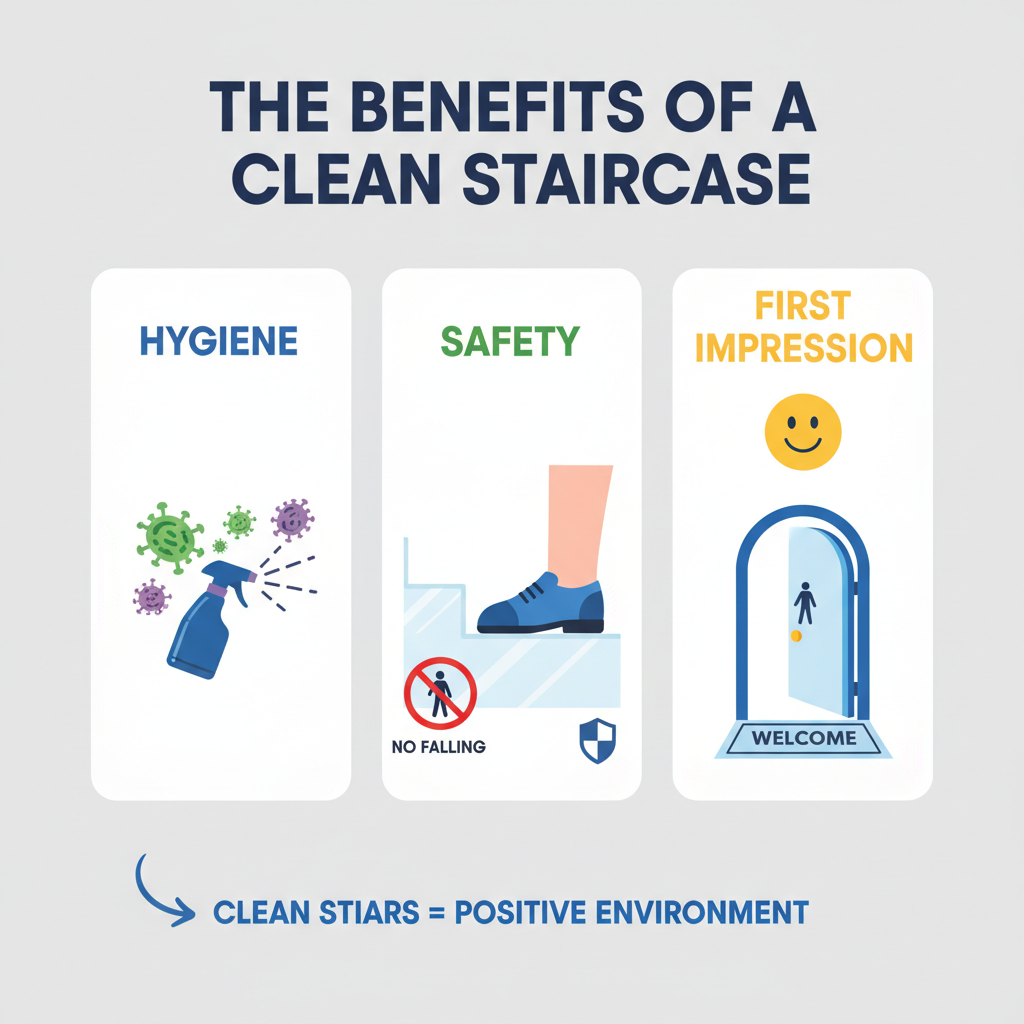 An infographic-style illustration highlighting the three main reasons for a clean staircase: Hygiene, Safety, and First Impression. Each reason is represented by a clear icon. For 'Hygiene', show abstract germ shapes being eradicated by a cleaning spray. For 'Safety', show a person's foot confidently stepping on a clear, non-slippery stair, with a small 'no falling' icon. For 'First Impression', depict a smiling face or a welcoming open door. Use a clean, modern color palette.