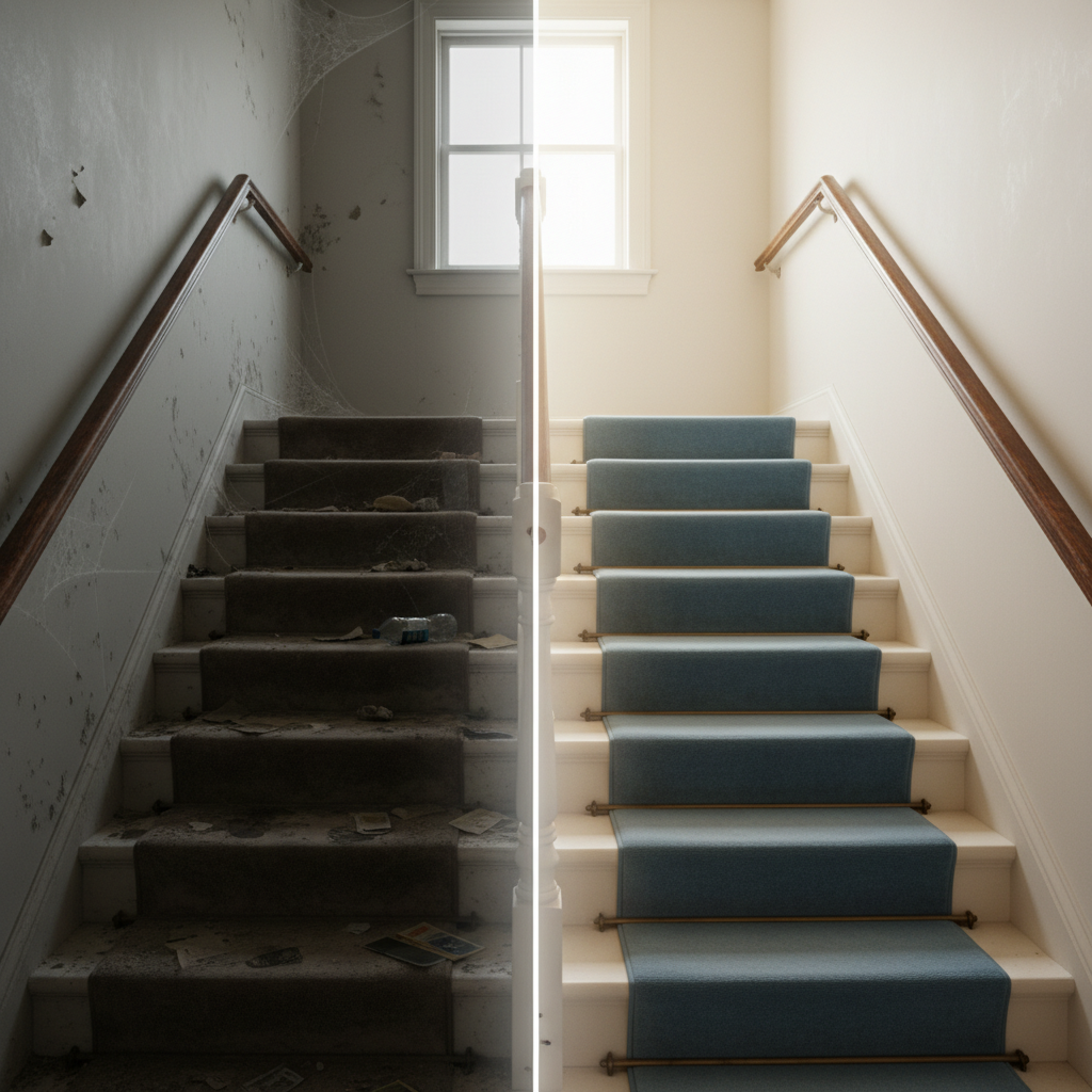 A conceptual 3D render or professional photo showing a transition from a dirty, dark, and cluttered staircase on one side to a bright, clean, and inviting staircase on the other. A subtle line or gradient divides the two states. The dirty side has some dust, footprints, and perhaps a stray piece of litter, while the clean side is pristine and well-lit. This visually represents the transformation and importance of cleaning, emphasizing the 'before and after' effect.