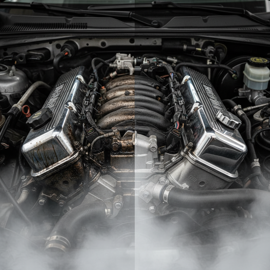 A professional close-up photo of a car engine compartment, half of which is heavily soiled with grease and dirt, and the other half is immaculately clean and shiny. A subtle, almost magical, mist of dry ice vapor hovers between the clean and dirty sections, symbolizing the transformation. Emphasize detail and realism, showing intricate engine parts.