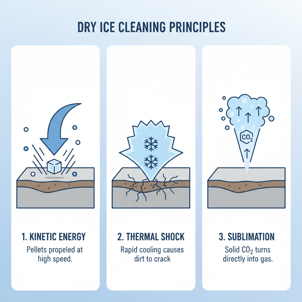 An infographic-style illustration depicting the three principles of dry ice cleaning: kinetic energy, thermal shock, and sublimation. Show a cross-section of a surface with a dirt layer. One arrow points to pellets hitting the dirt (kinetic energy), another shows a 'cold' ripple effect (thermal shock) causing the dirt to crack, and the third shows CO2 gas dissipating upwards after impact, leaving the surface clean. Use clear icons and a clean, modern aesthetic.