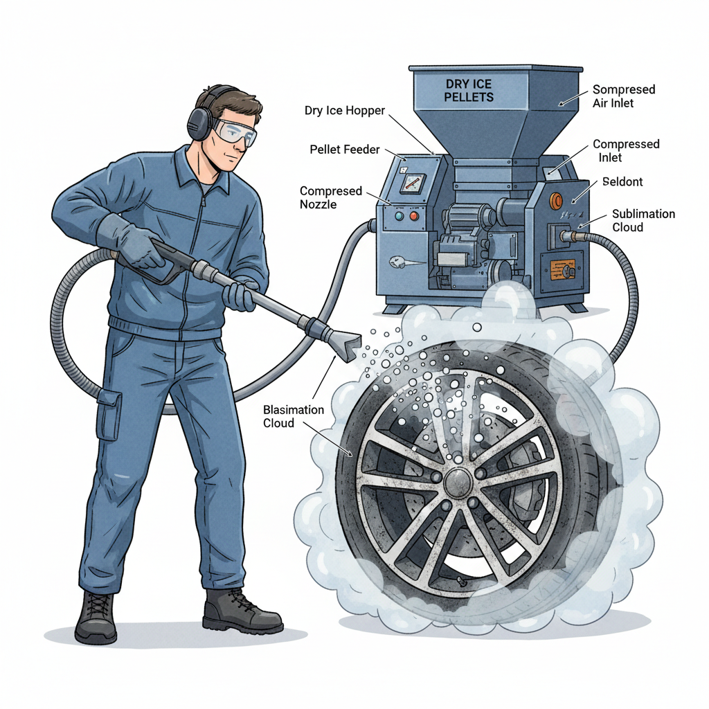 A detailed technical illustration of a specialized dry ice blasting machine in action, with a technician (wearing appropriate PPE such as goggles and gloves) holding the nozzle and directing a stream of dry ice pellets towards a dirty car wheel. Show the pellets as small white dots, and a subtle cloud of vapor indicating sublimation. The car wheel should have visible brake dust and road grime. Style: realistic technical drawing with a touch of dynamic action.