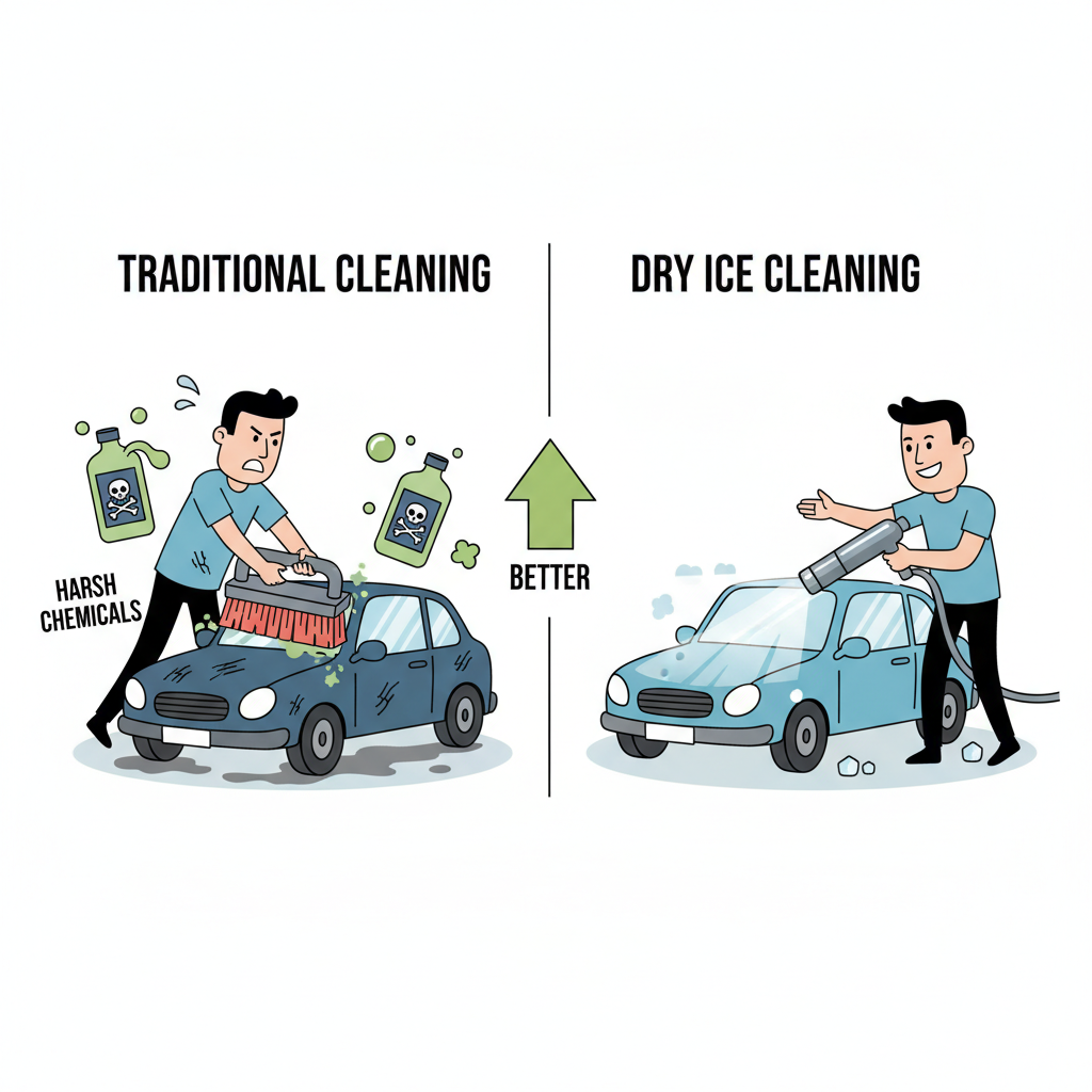 A stylized, conceptual flat illustration comparing traditional car cleaning methods with dry ice cleaning. On one side, show aggressive scrubbing brushes, harsh chemical bottles, and a scratched car surface, with a worried cartoon person. On the other side, depict a sleek dry ice blasting nozzle gently cleaning a sparkling car surface, with no visible chemicals or damage, and a happy, confident cartoon person. Use a split-screen or 'before/after' layout with a clean, vector art style.