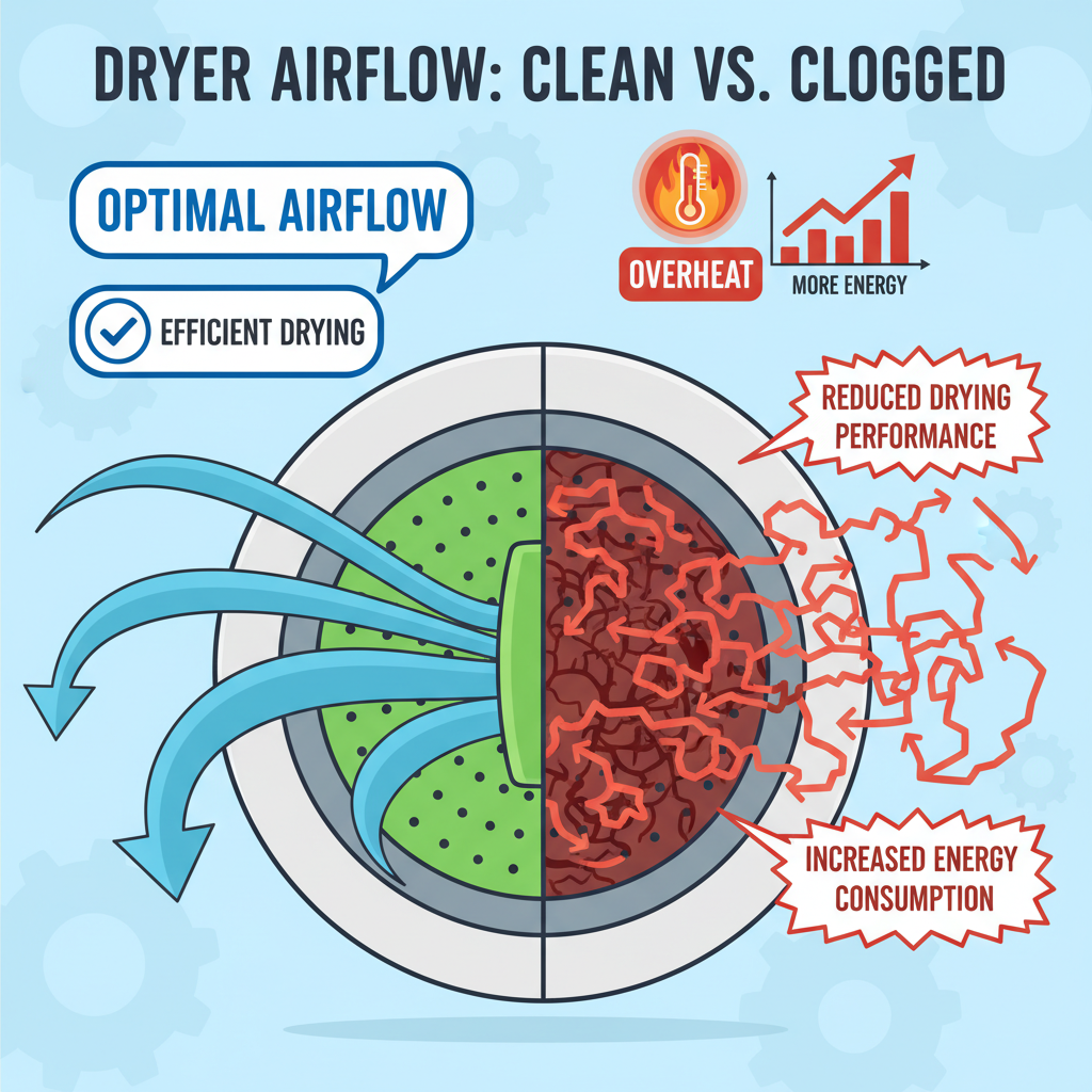A vibrant, infographic-style illustration depicting the internal airflow of a clothes dryer. On one side, clear blue arrows represent efficient airflow through a clean, green-colored filter. On the other side, red, turbulent arrows struggle to pass through a dark, clogged filter, leading to an exaggerated 'overheat' icon and a 'more energy' meter rising. Text bubbles highlight 'Reduced Drying Performance' and 'Increased Energy Consumption'.
