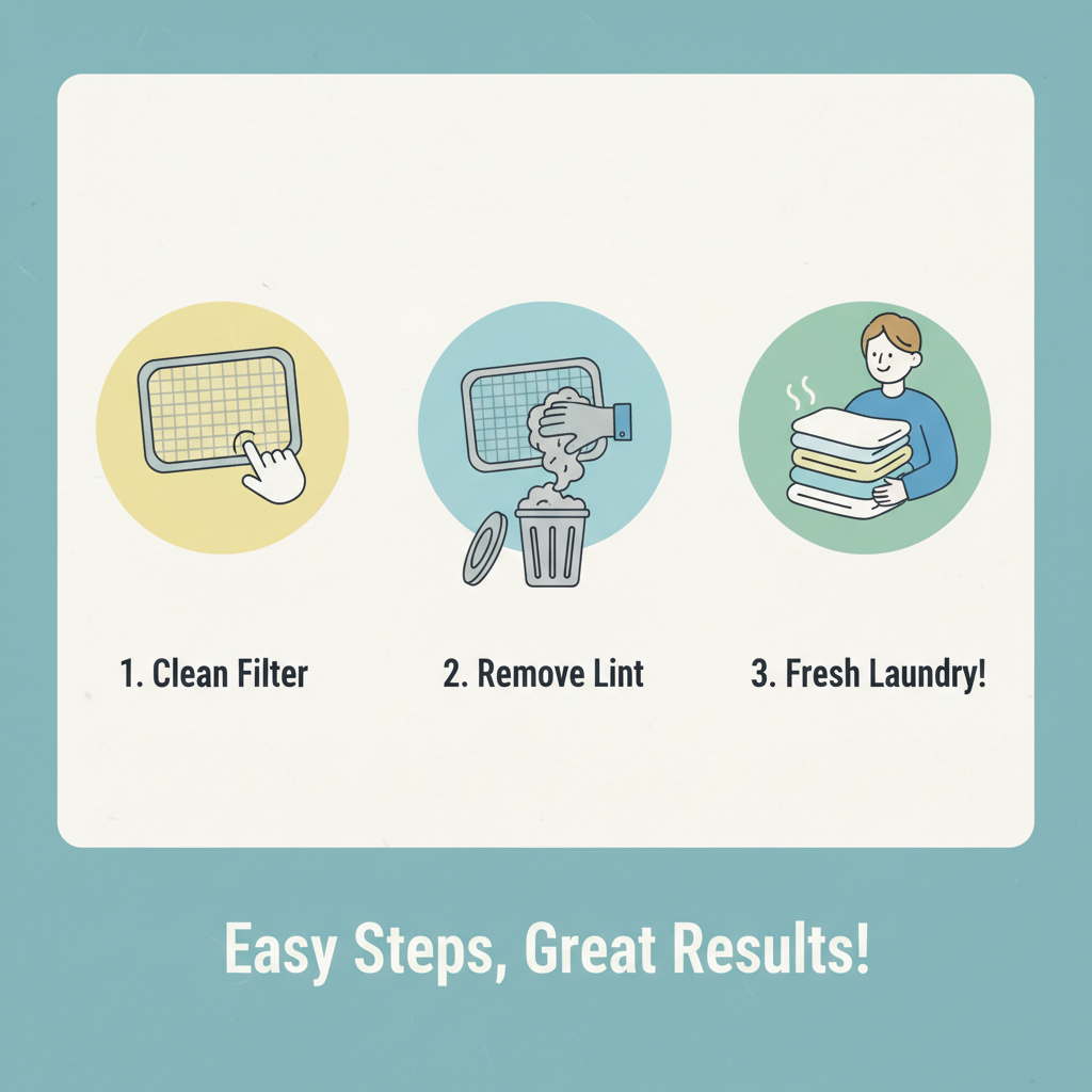 A flat illustration showing a sequence of three small icons or vignettes. The first depicts a clean, empty lint filter. The second shows overflowing lint being collected from the filter into a trash can. The third shows a person happily folding fresh, clean, and dry laundry. This visual emphasizes the simplicity and positive outcomes of regular filter cleaning.