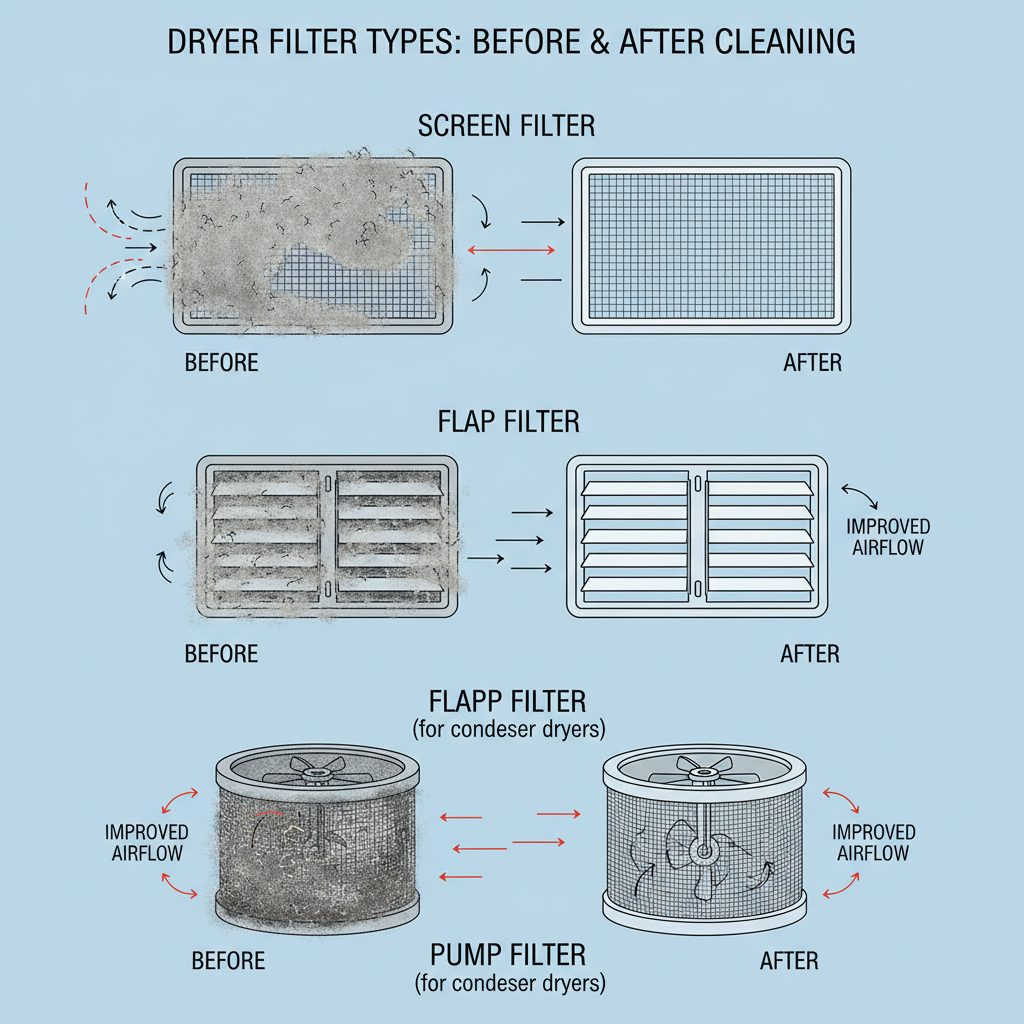 A detailed diagrammatic illustration of various common dryer filter types (e.g., screen filter, flap filter, pump filter). Each filter type is clearly labeled and shown in a 'before' (clogged) and 'after' (clean) state. Thin arrows indicate the direction of airflow through each, highlighting how cleaning improves passage. The style should be clean and precise, suitable for a technical explanation.