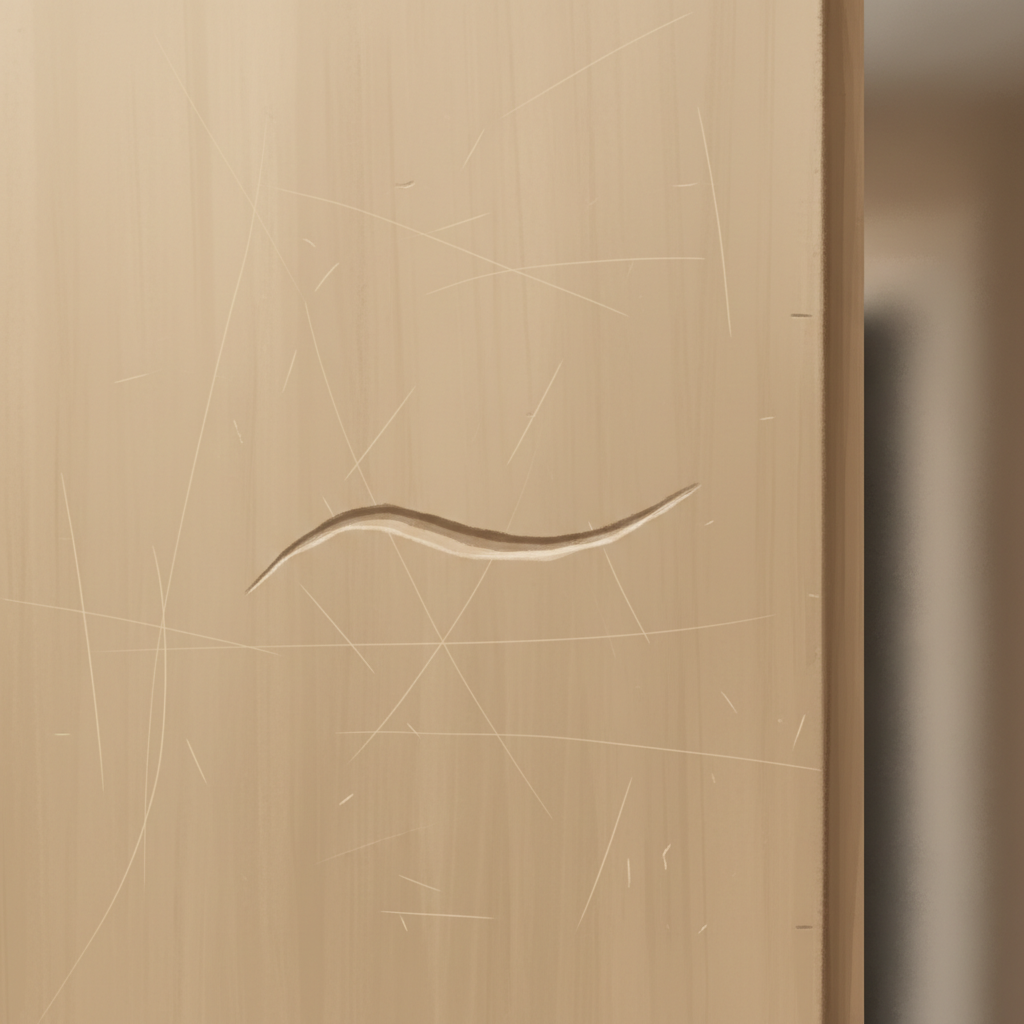 A detailed close-up of a contemporary, light-colored wooden door panel. The surface exhibits various types of common wear: several fine, superficial scratches that catch the light subtly, and one slightly deeper but not severe groove. The background behind the door is softly blurred. The focus is purely on the texture of the wood and the visual impact of the scratches, portraying a sense of everyday wear and tear. Use a realistic digital painting style with natural, soft lighting.