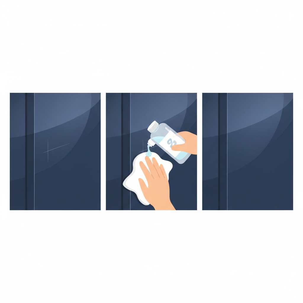 A sequential or split-panel illustration demonstrating the removal of a superficial scratch from a lacquered door. The first panel shows a clear, fine scratch on a pristine door surface. The second panel depicts a hand in motion, gently applying a small amount of generic polish from a simple, unbranded bottle onto a soft, lint-free cloth, directly over the scratch. The third panel showcases the same door area, now smooth and flawless, with the scratch completely vanished or significantly minimized. Use a clean, flat illustration style with a focus on clear steps.