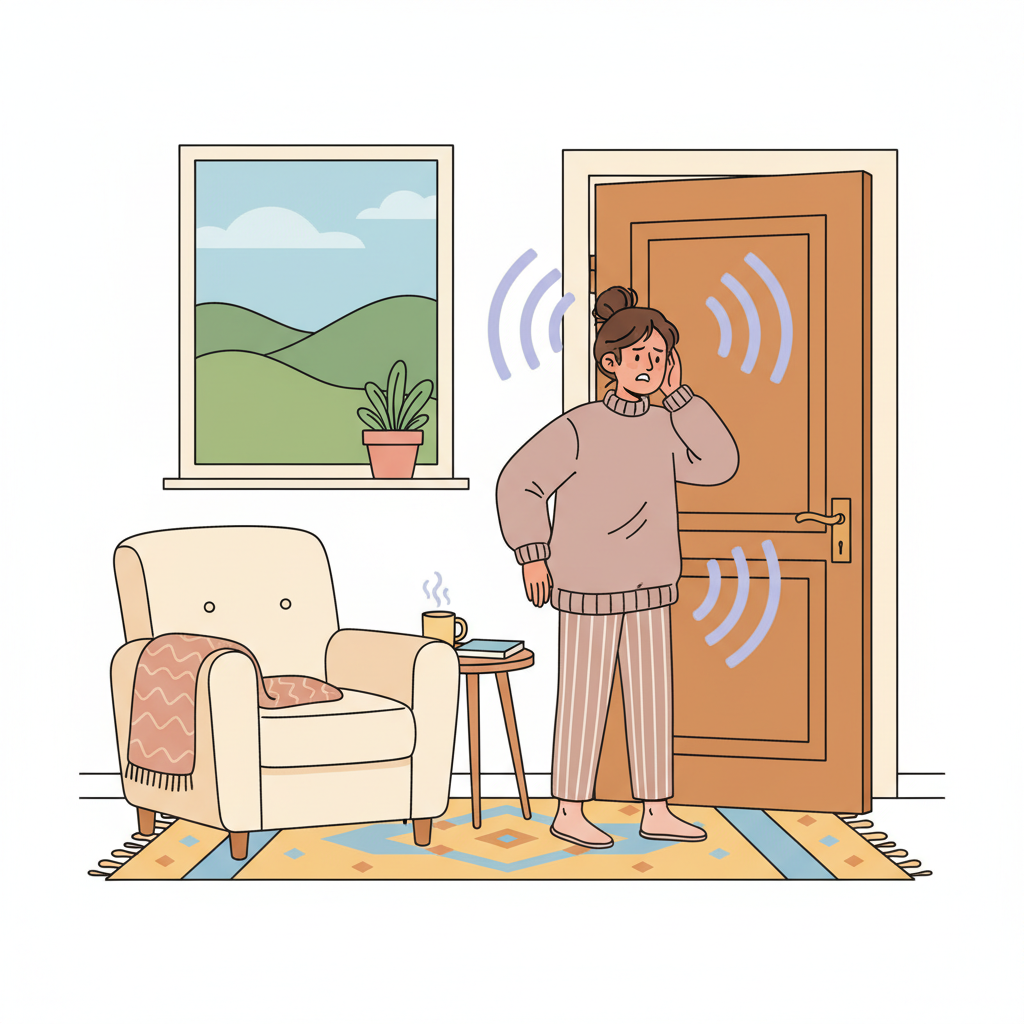 A vibrant flat illustration depicting a cozy home interior. A slightly ajar wooden door in a frame. A person, looking slightly annoyed or startled, stands near the door, perhaps with a hand near an ear. From the hinge area of the door, subtle, abstract wavy lines or stylized 'sound vibrations' in a soft contrasting color emanate, visually representing the unpleasant squeaking sound. The atmosphere is generally calm, highlighting the disruptive nature of the sound. Focus on clean lines and a friendly aesthetic.