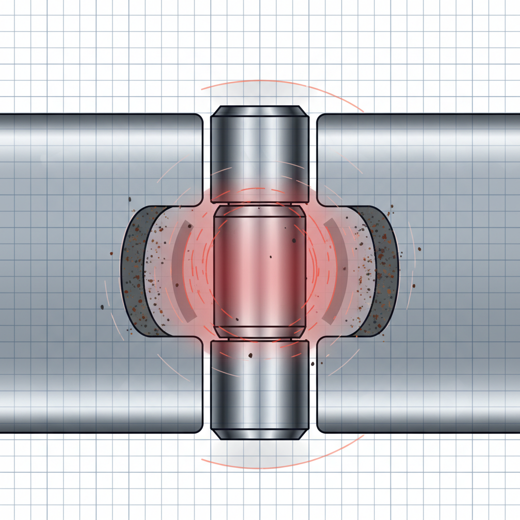 A highly detailed technical illustration focusing on a macro cross-section of a door hinge. Show the vertical pin (axis) rotating within the cylindrical barrels of the hinge leaves. Emphasize the point of friction where metal surfaces meet. Abstract visual elements like small, faint red glow, subtle sparks, or jagged lines indicate heat and resistance due to the rubbing. Some minute dirt particles or rust specks are visible in the clearances, highlighting the lack of lubrication and buildup causing friction.