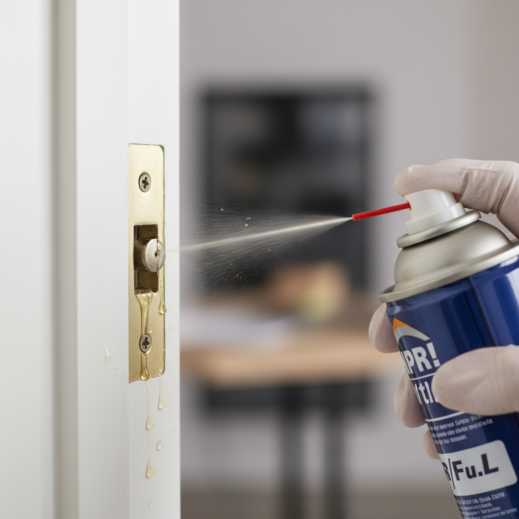 A professional close-up photo or photorealistic digital painting. A clean, steady hand, possibly gloved, holds a spray can of lubricant with a thin nozzle. The nozzle is precisely aimed at the top of an exposed door hinge pin, where it enters the hinge barrel. A visible, fine stream of transparent or slightly yellowish lubricant is being applied, with a few visible droplets or a glistening effect around the hinge, indicating saturation. The background is softly blurred, focusing entirely on the action and the hinge.